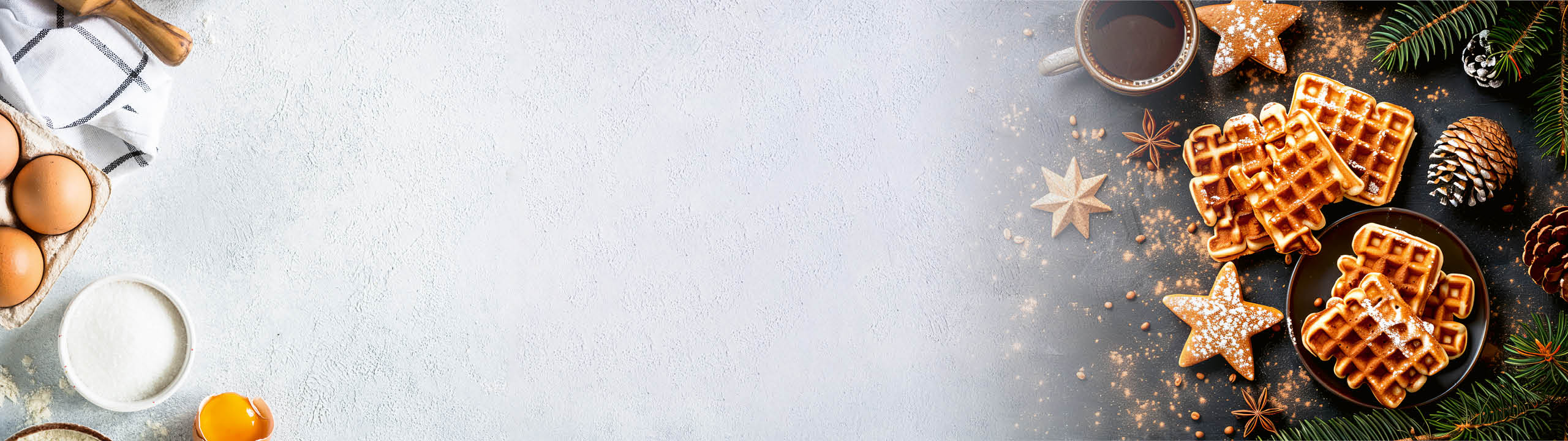 Weihnachtlich dekorierte Szene mit frisch gebackenen Waffeln, Kaffee, Sternplätzchen und Backzutaten auf hellem Untergrund