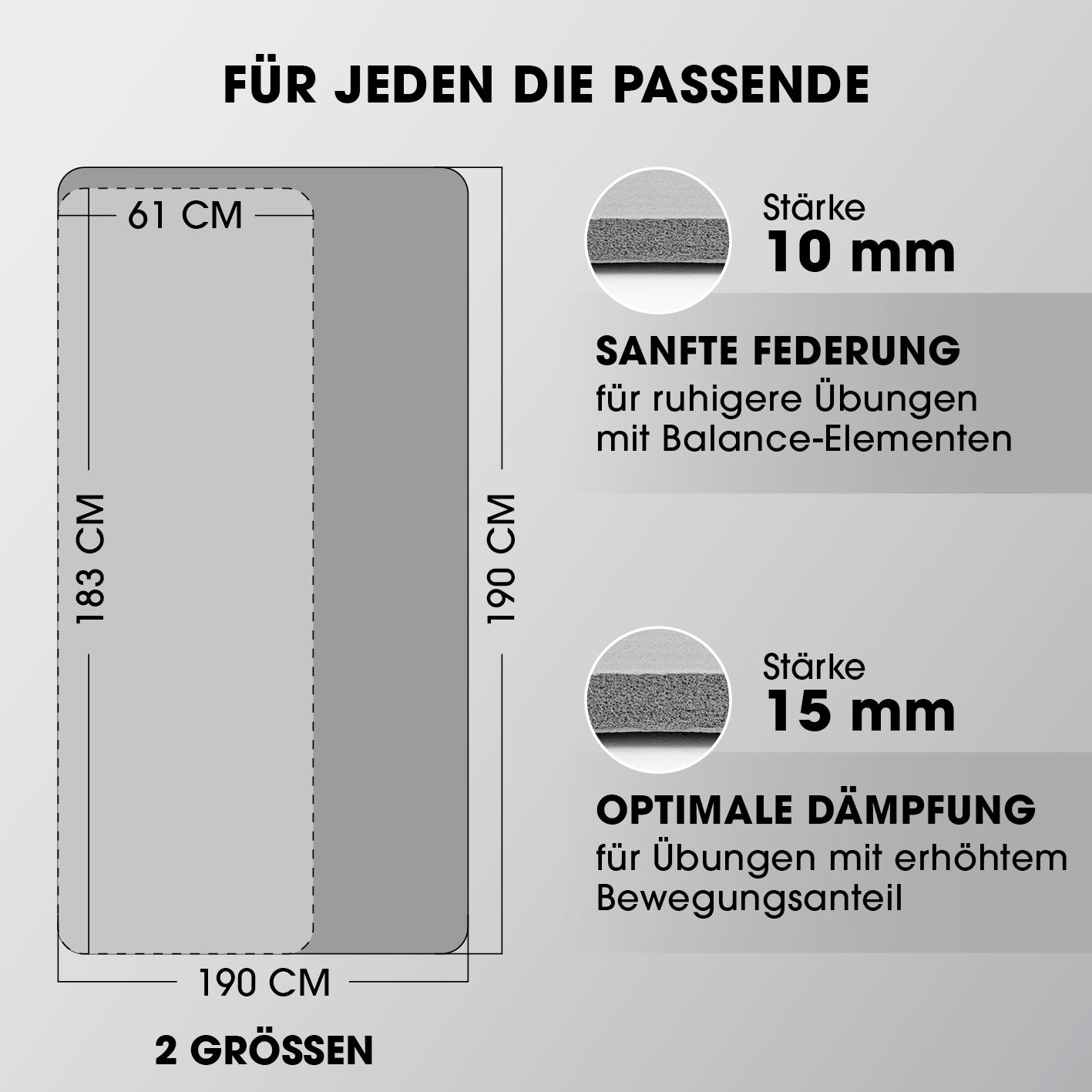 Fitness- und Gymnastikmatte - 183 x 61 x 1,5 cm - Grau