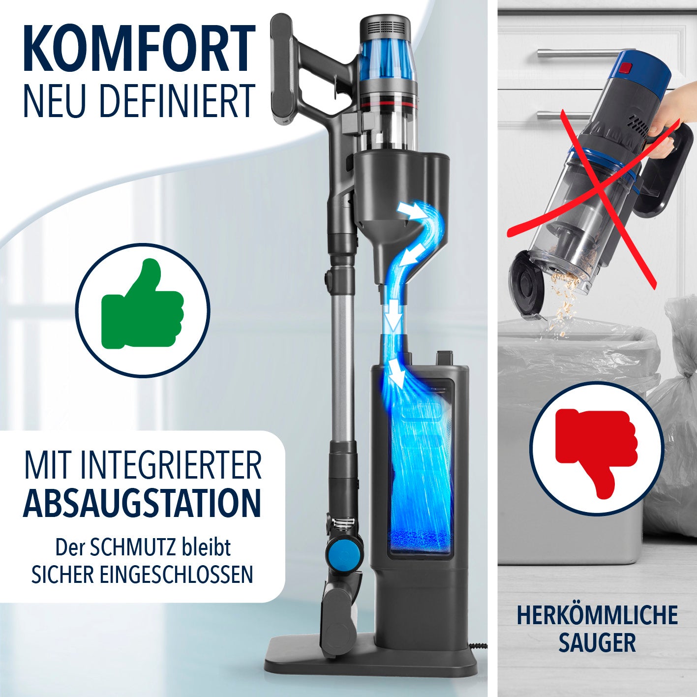AeroTech 500 Staubsauger mit Absaugstation in Grau-Silber zeigt hygienische Entleerung ohne Staubkontakt und moderne Sauger-Technologie.