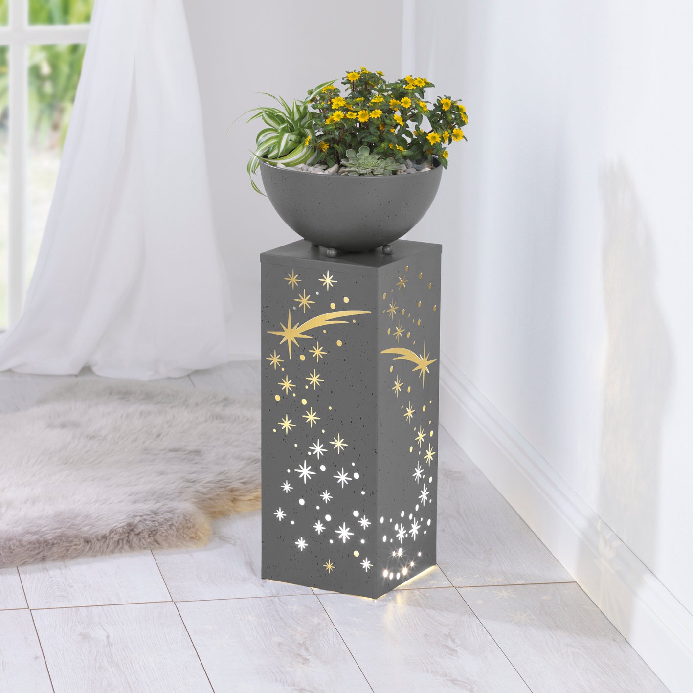 LED-Dekosäule Beton-Optik "Sternschnuppe" mit Pflanzschale - 59 cm