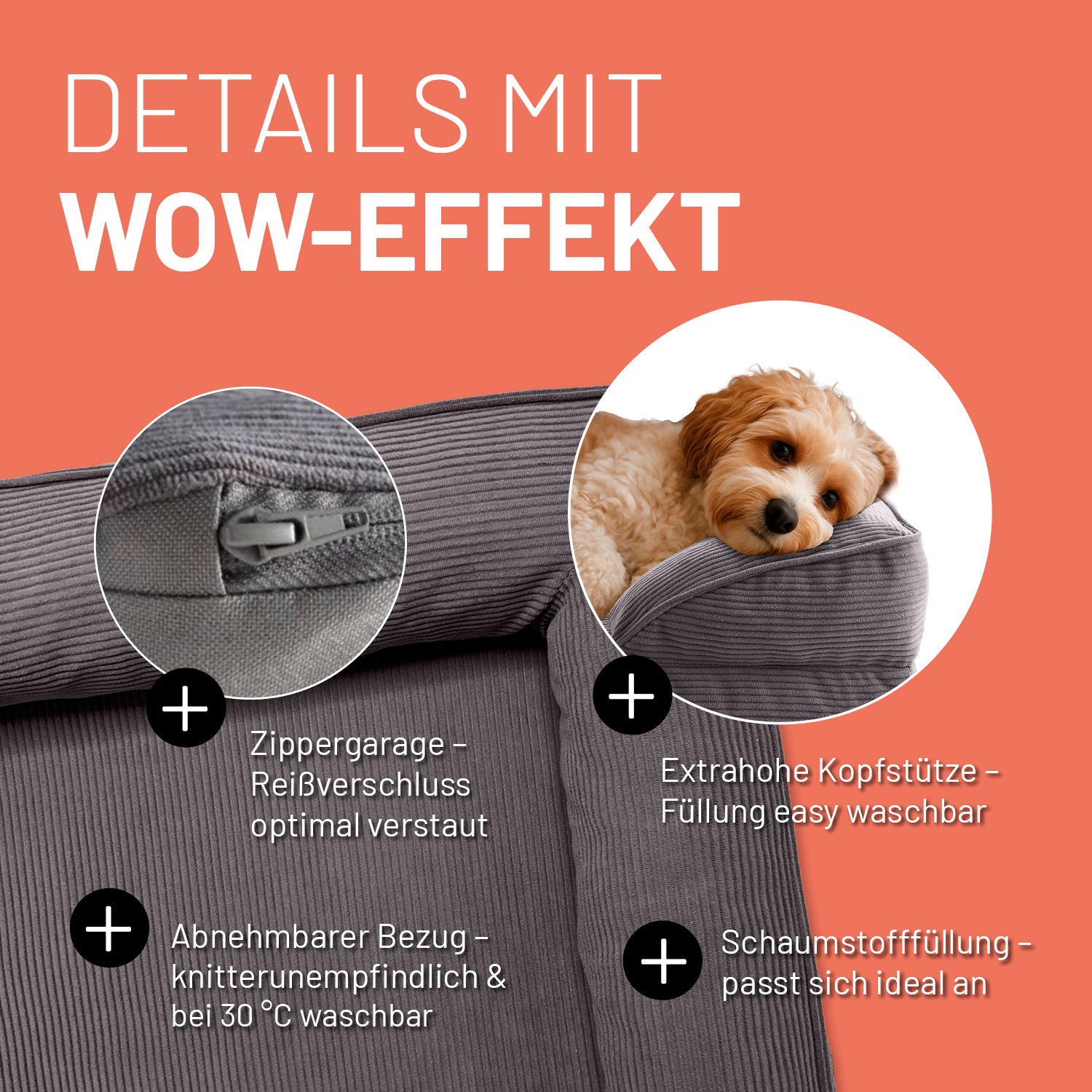Komfort-Hundebett aus der LUMALAND Cord-Reihe - Gr. S - 70 x 60 cm - Grau