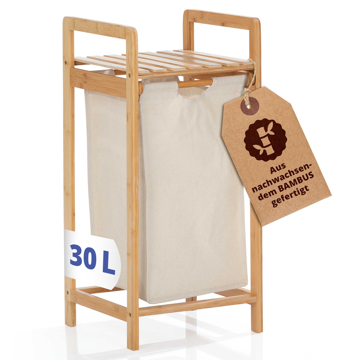 Bambus Wäschekorb mit ausziehbarem Wäschesack - 33 x 33 x 73 cm - Beige