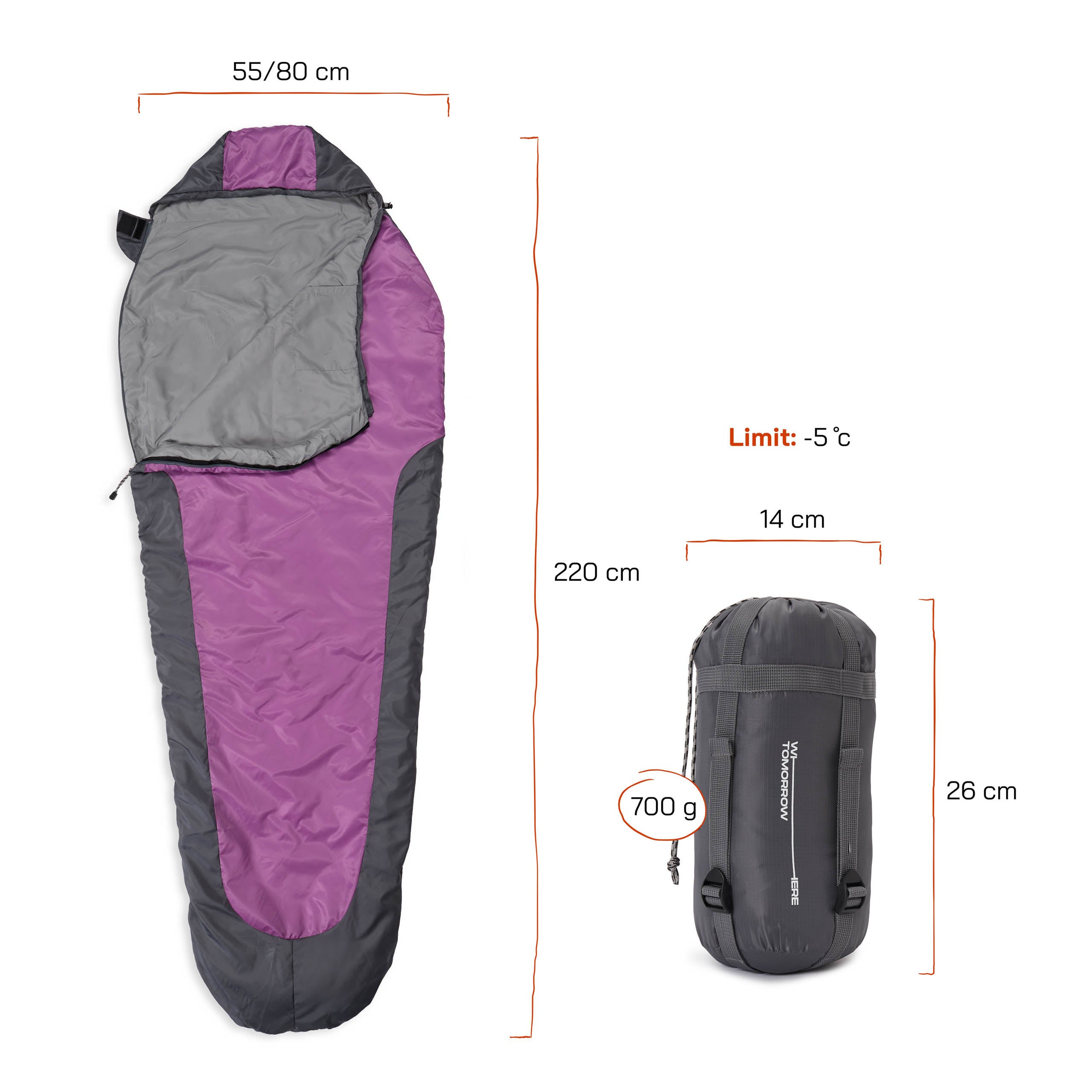 Camping Schlafsack Small & Light - Mumienschlafsack mit Tasche - 220 x 80 x 50 cm - Grau-Lila