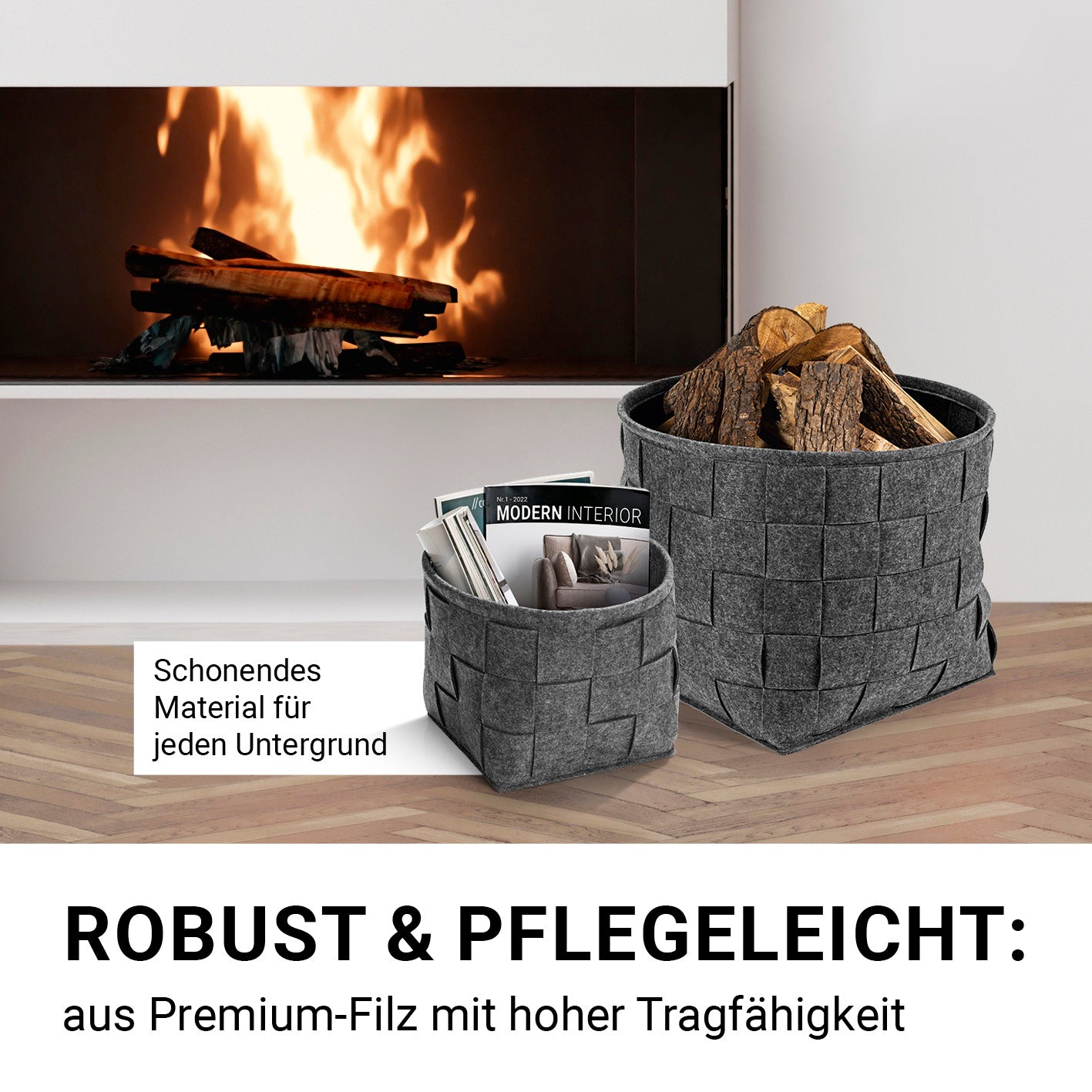 Filz-Aufbewahrungskorb L - 40 x 40 x 40 cm - Dunkelgrau, faltbar, robust, schont Böden, ideal für Holz und Magazine im modernen Scandi-Stil.