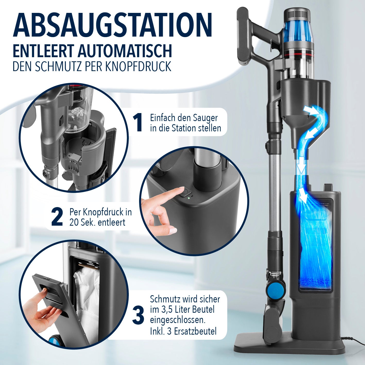 AeroTech 500 Staubsauger mit Absaugstation Grau-Silber entleert automatisch, hygienisch und schnell den Staubbehälter per Knopfdruck.