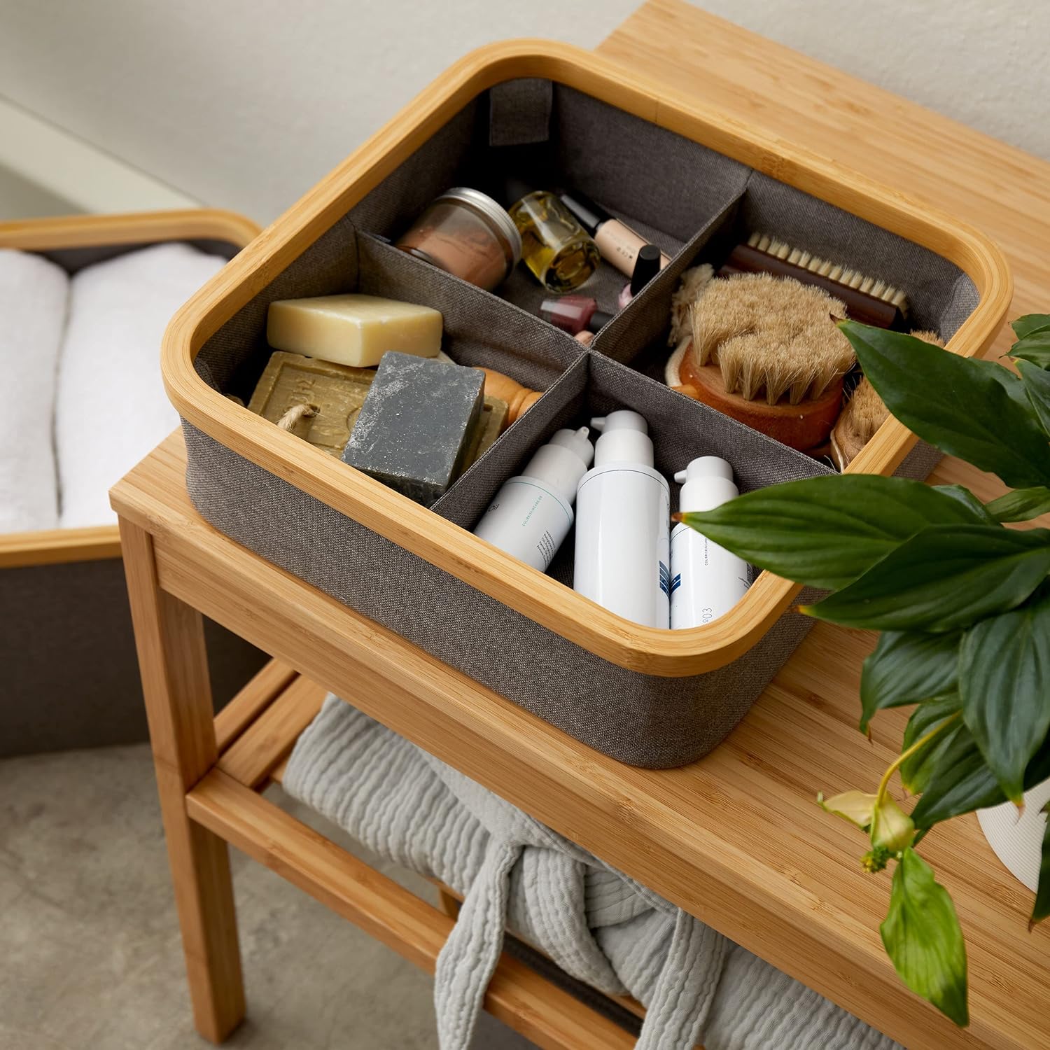 Organizer mit Bambus-Rahmen - 3er-Set - 30 x 30 x 9 cm (3/4/9 Aufteilung) - Taupe