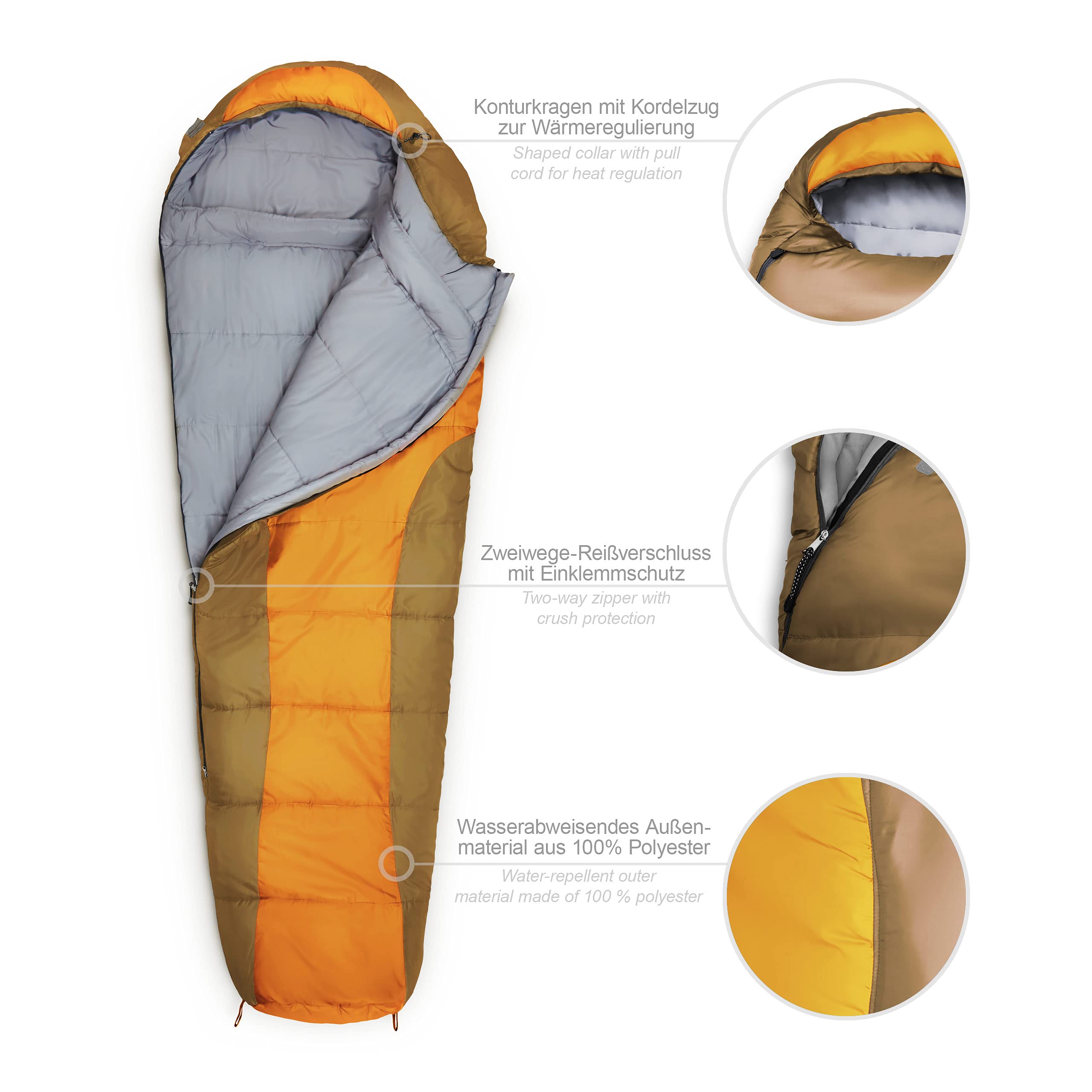 Camping Schlafsack Classic - Mumienschlafsack mit Tasche - 230 x 80 x 55 cm - Orange