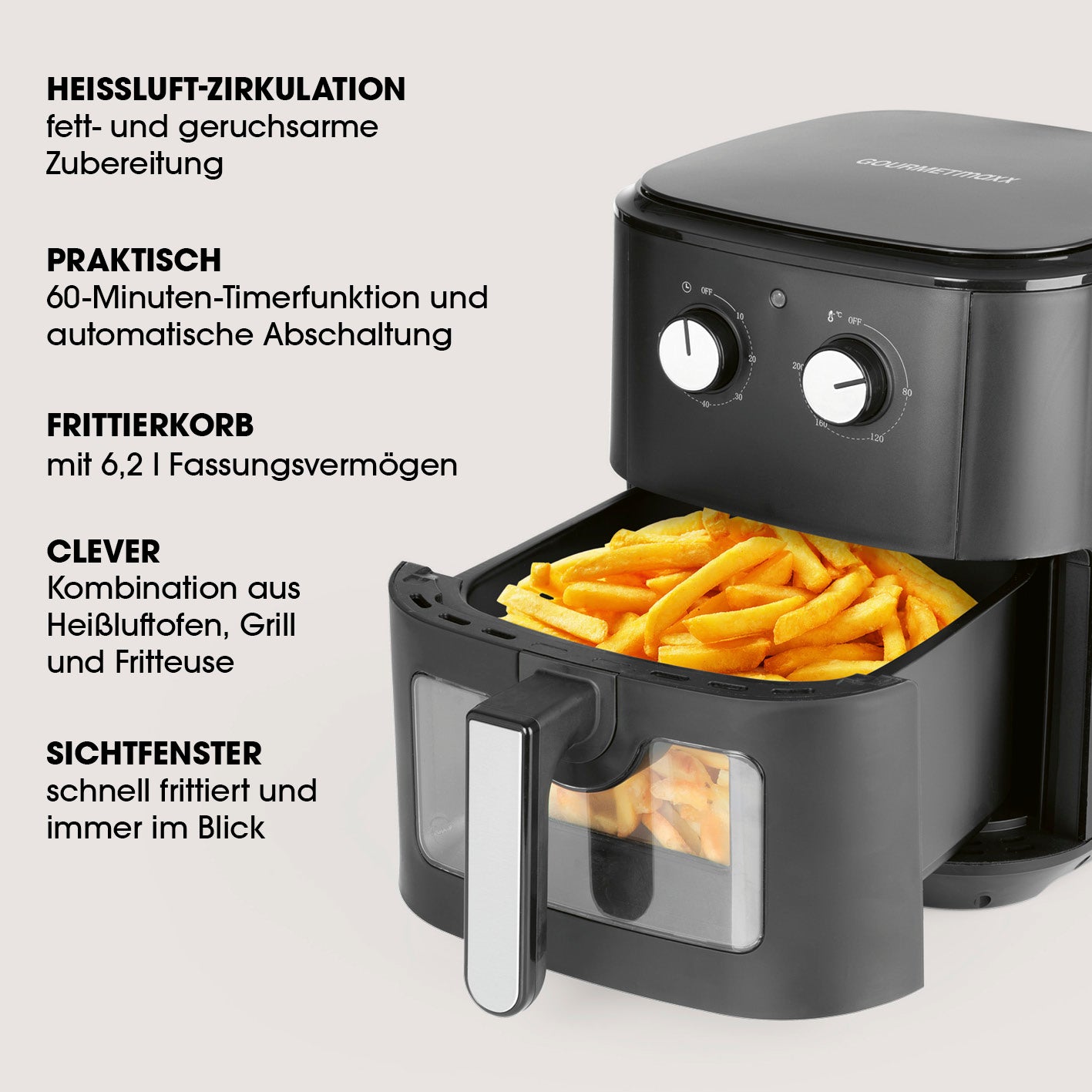 Heißluft-Fritteuse mit Sichtfenster - Füllmenge 6,2 l - schwarz