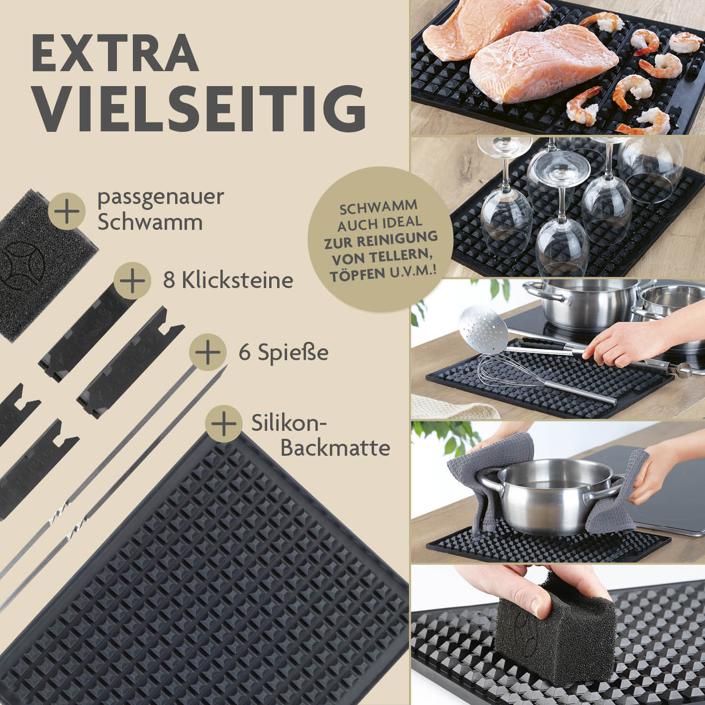 Starter Set Deluxe - Silikon-Backmatte inkl. 6 Spieße + 8 Steine + 1 Schwamm