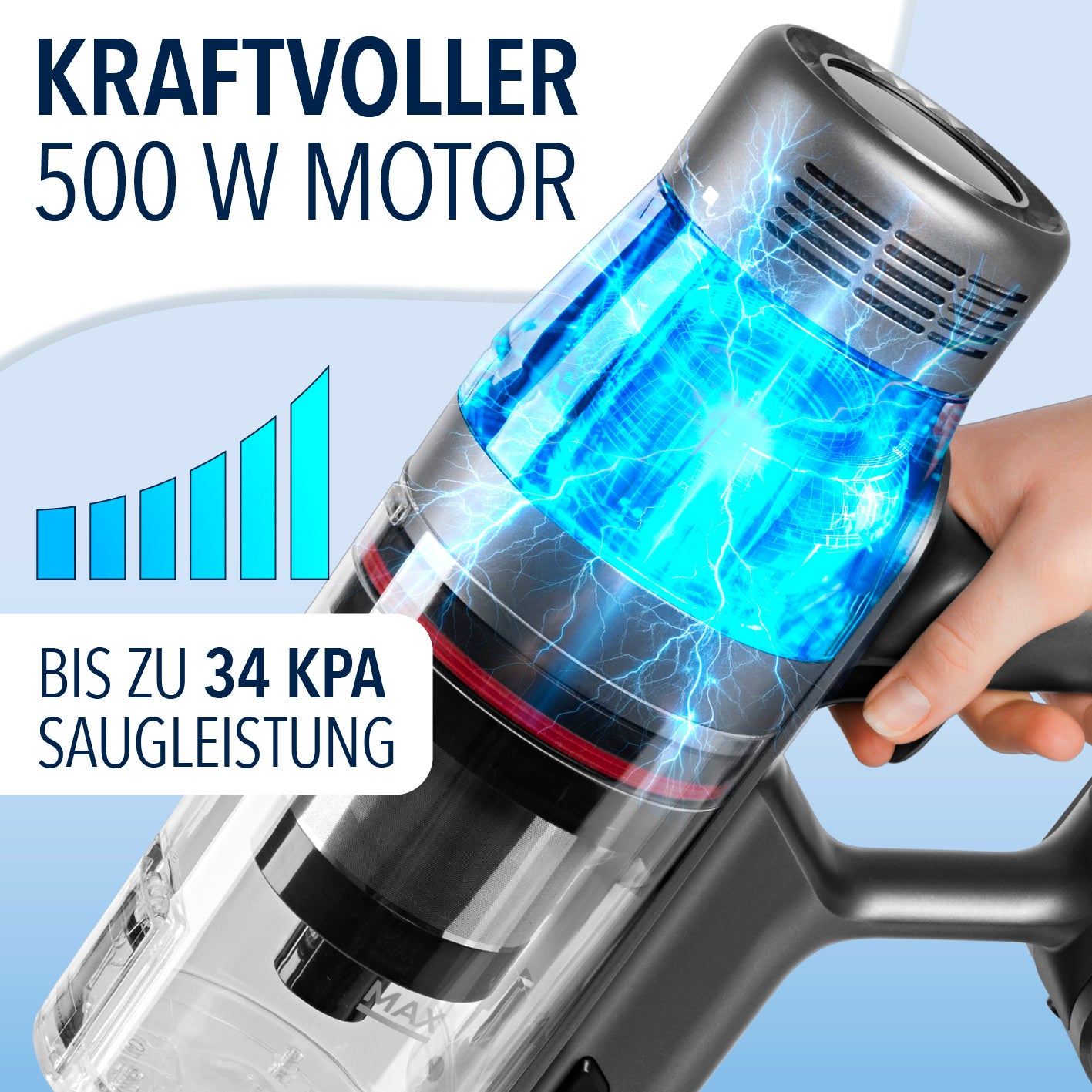 AeroTech 500 Staubsauger mit Absaugstation – Grau-Silber, kraftvoller 500 W Motor mit bis zu 34 kPa Saugleistung für starke Reinigung.