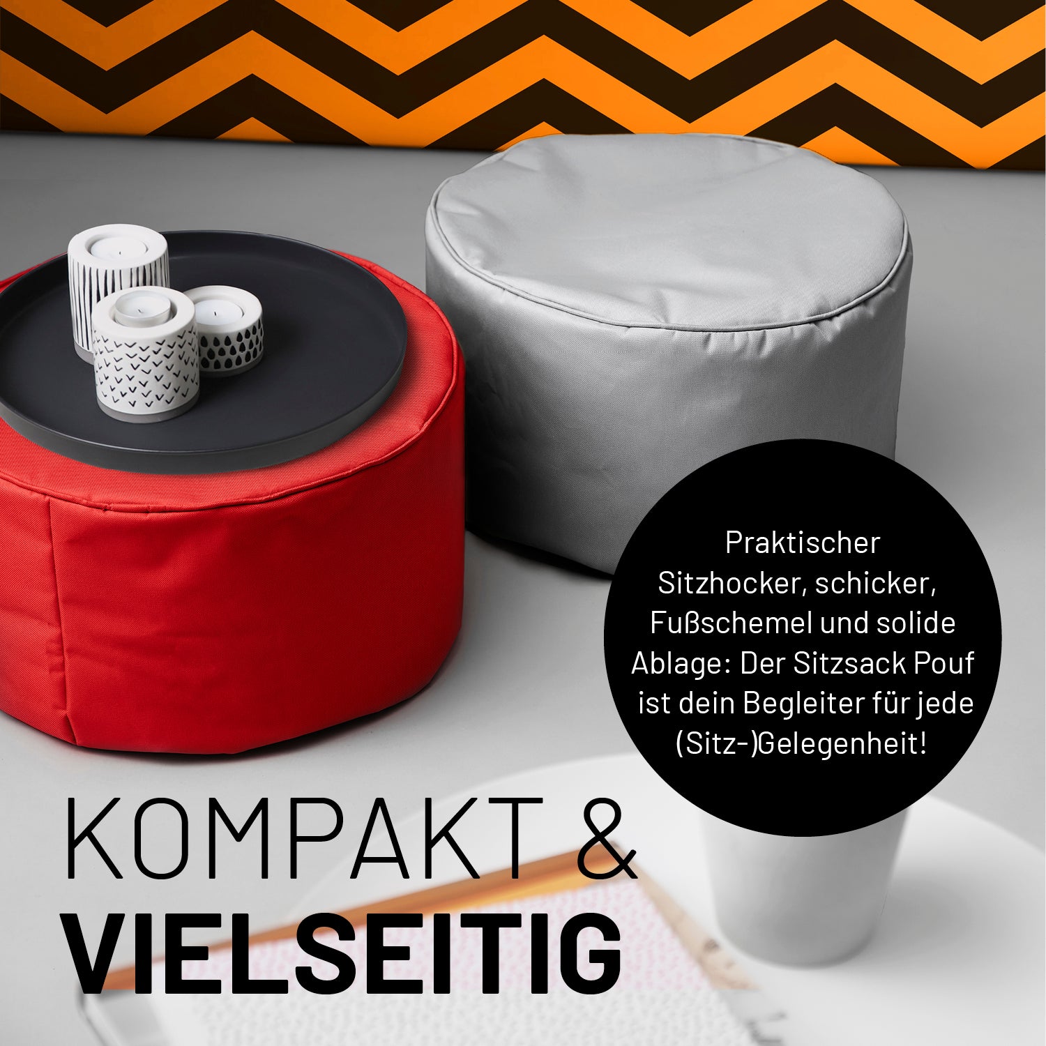 Sitzsack-Hocker/Pouf (50 L) in Rot und Grau, multifunktional als Sitzhocker, Ablage & Fußschemel für Indoor & Outdoor.
