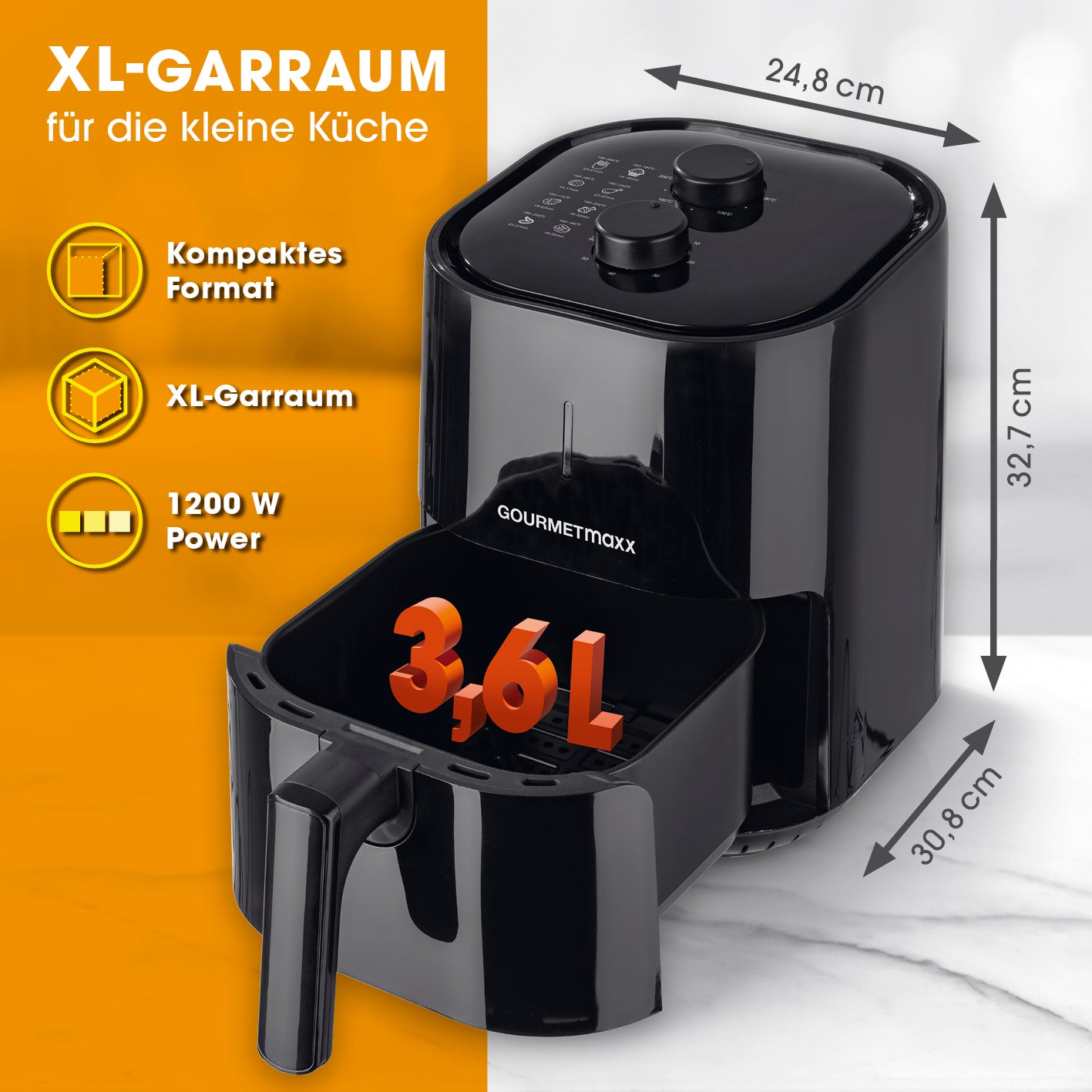 Heißluft-Fritteuse Mechanisch 3,6l - Schwarz mit kompakter Bauweise, 1200 W Leistung und großem Fassungsvermögen für fettarme Zubereitung.
