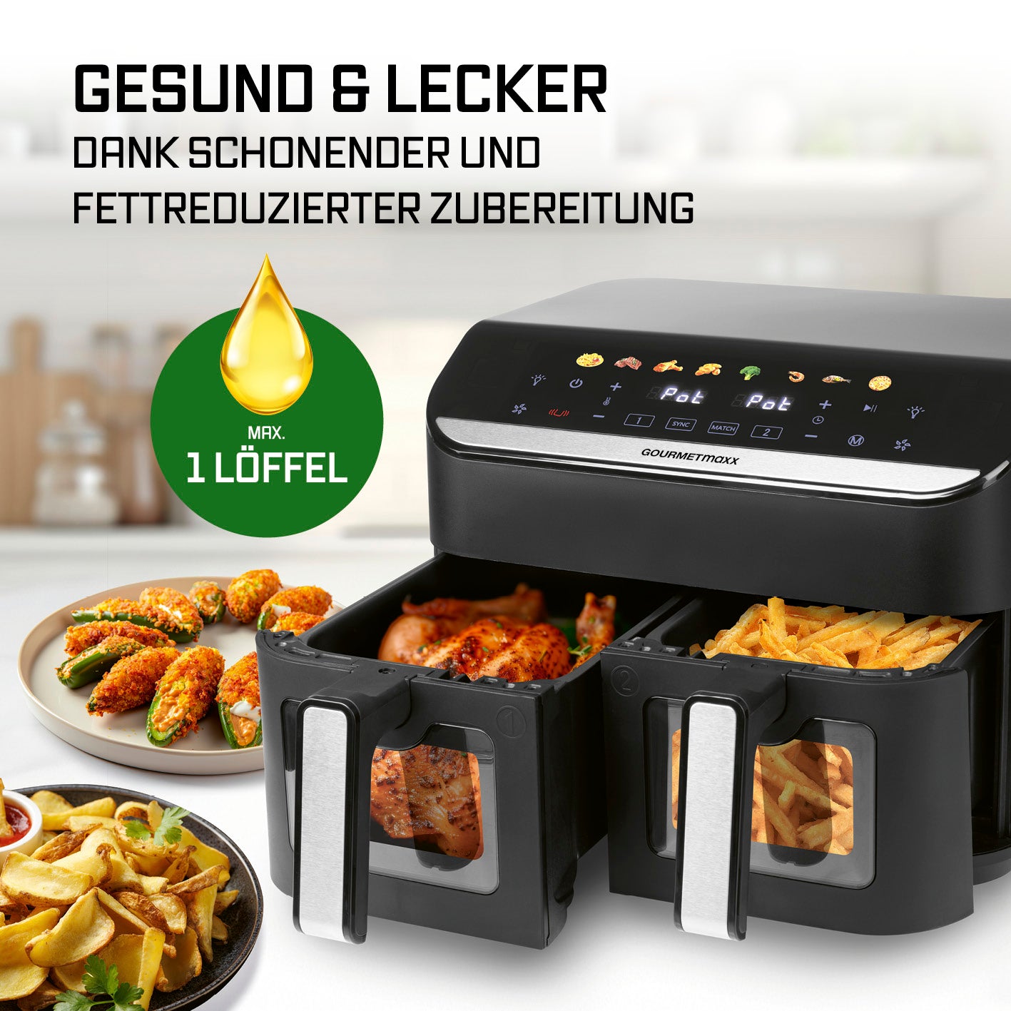 Doppelkammer-Heißluftfritteuse - 9 Liter