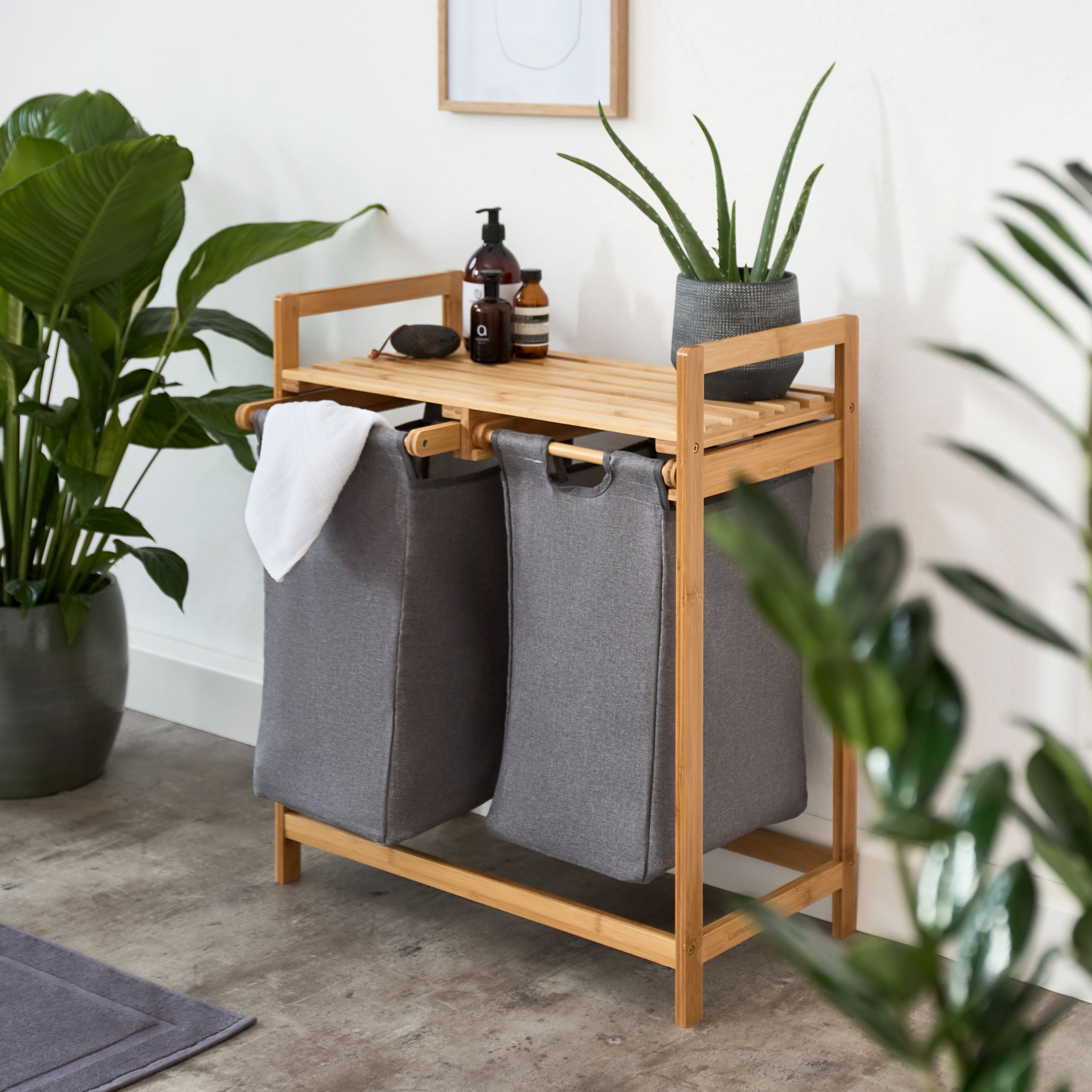 Bambus Wäschekorb mit 2 ausziehbaren Wäschesacken - 73 x 64 x 33 cm - Gelb