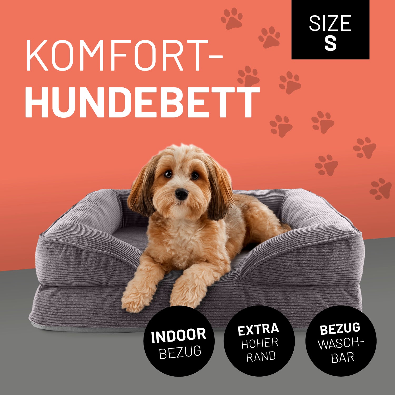 Komfort-Hundebett aus der LUMALAND Cord-Reihe - Gr. S - 70 x 60 cm - Grau