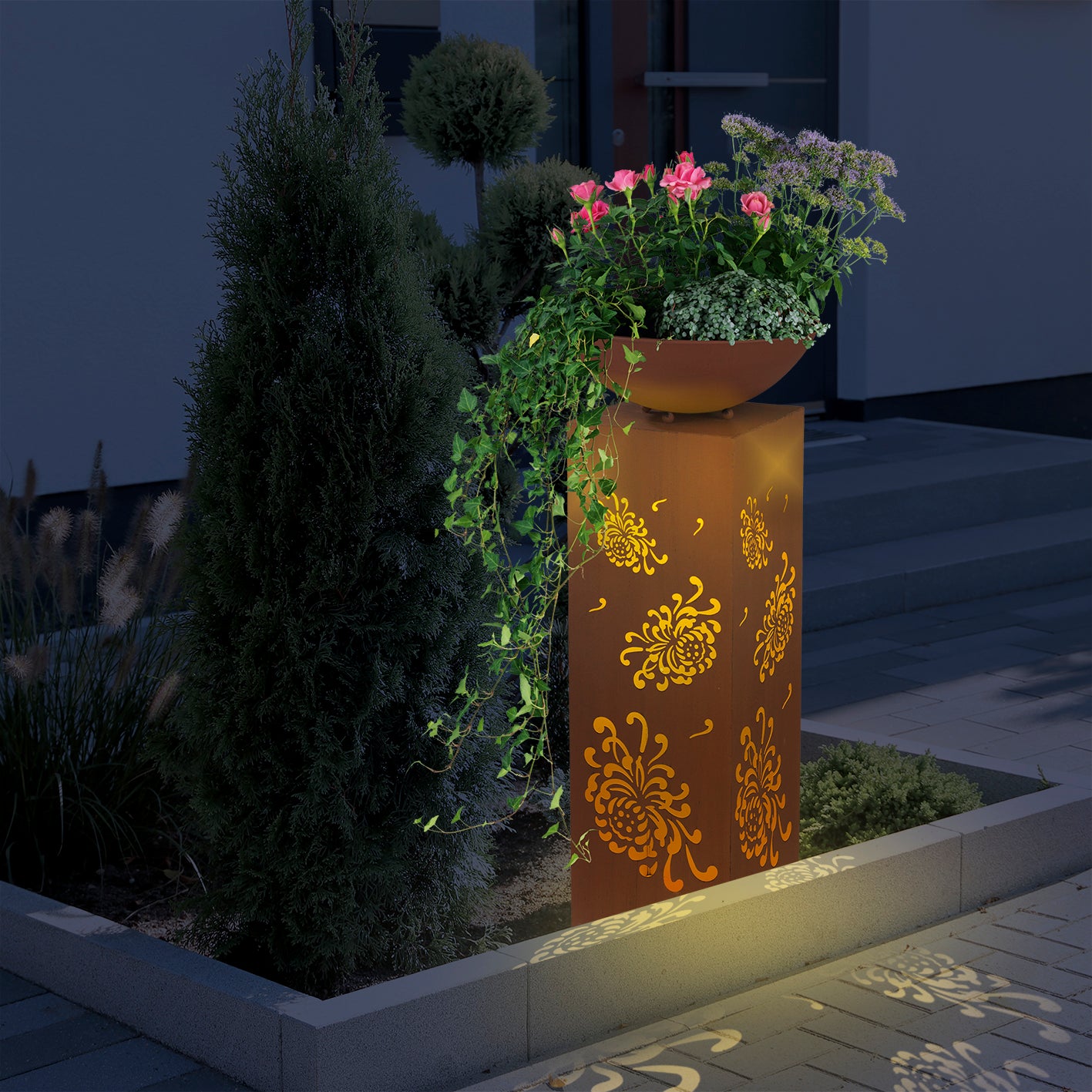 LED-Dekosäule mit Planzschale Rost-Optik "Bauernrose" - 87 cm