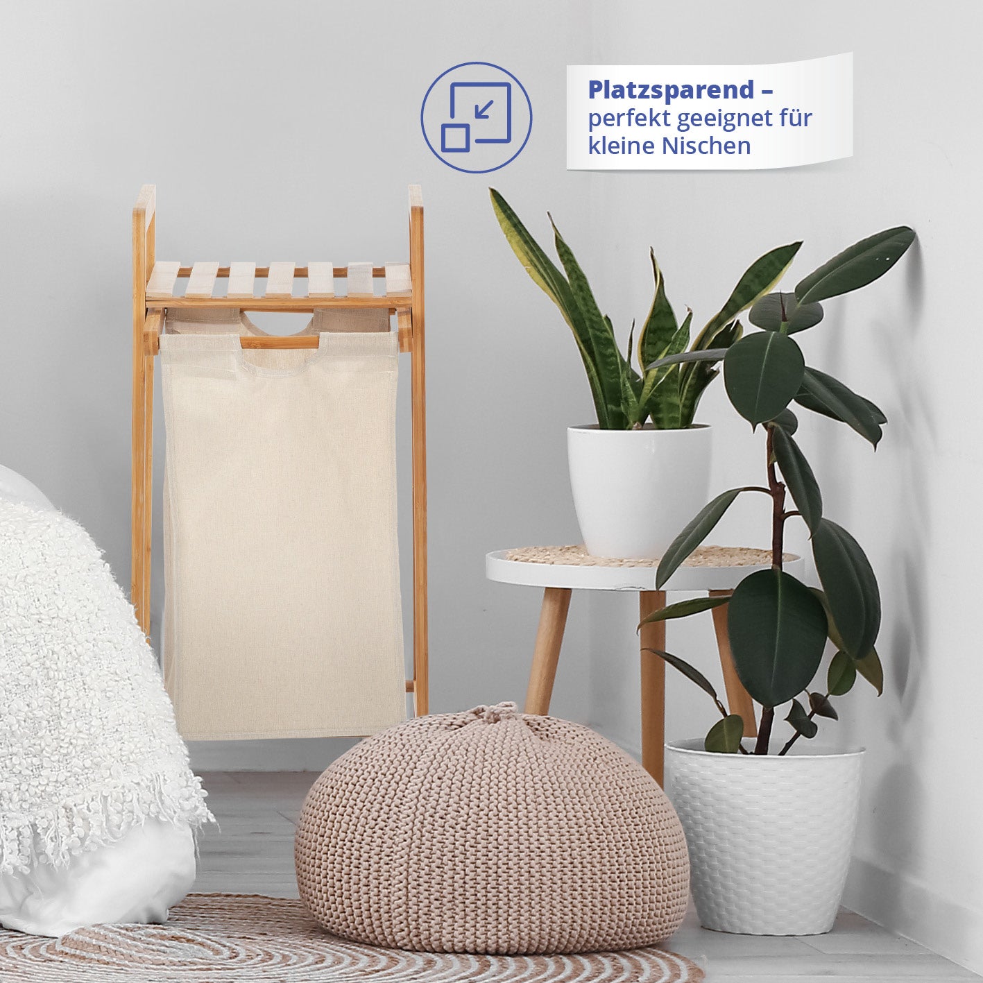 Bambus Wäschekorb mit ausziehbarem Wäschesack - 33 x 33 x 73 cm - Beige