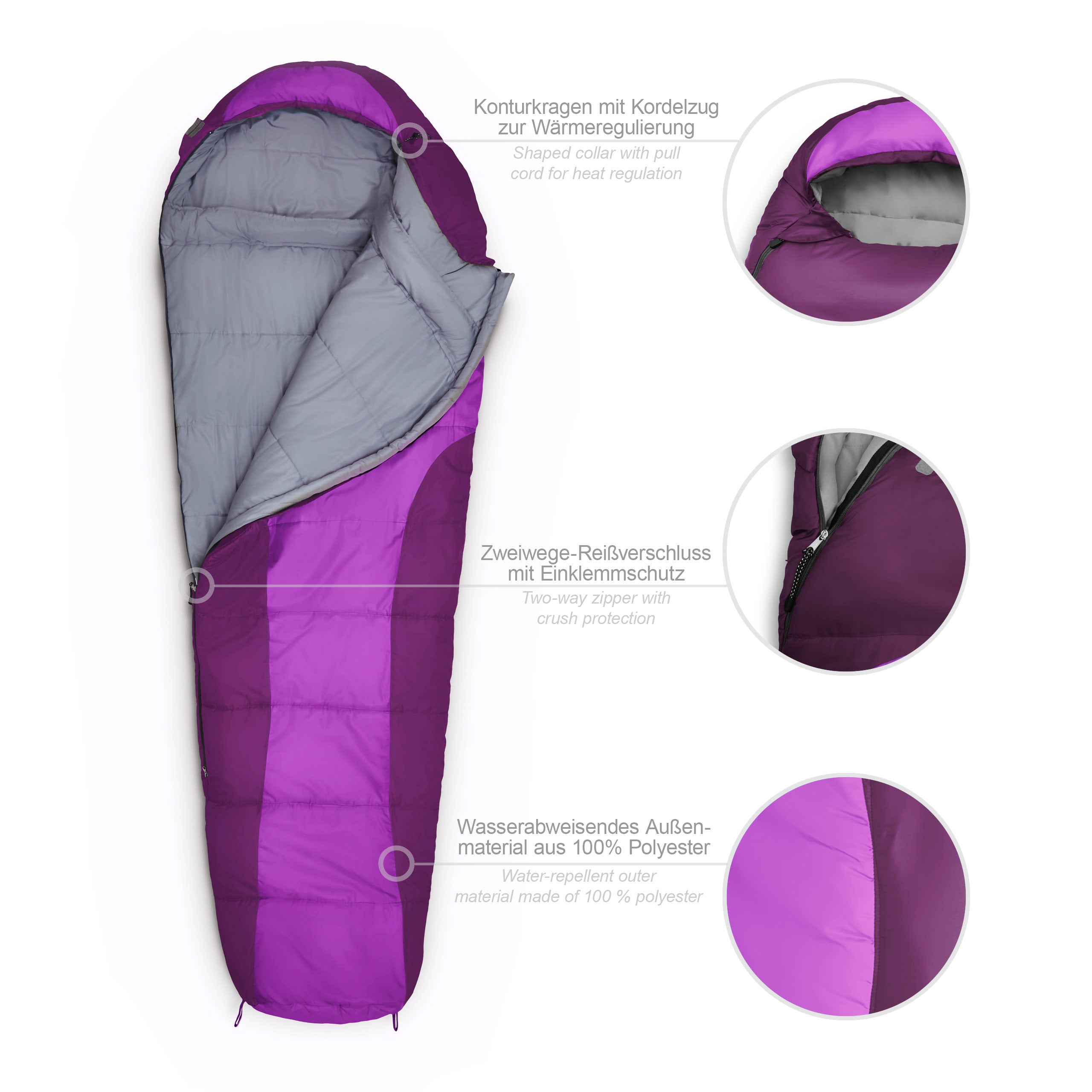 Camping Schlafsack Small & Light - Mumienschlafsack mit Tasche - 220 x 80 x 50 cm - Lila