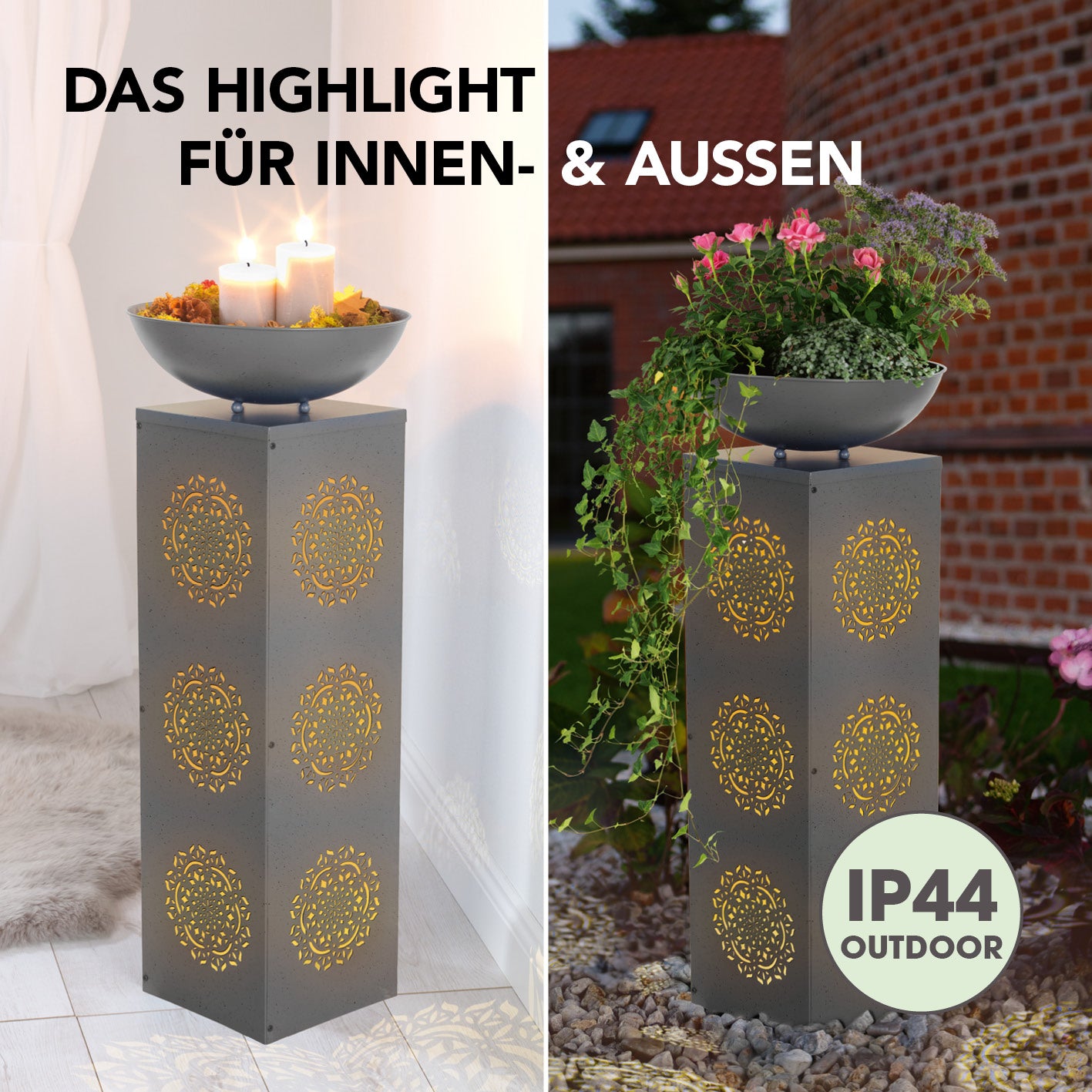 LED-Dekosäule Beton-Optik mit Pflanzschale Mandala - 87 cm - Grau