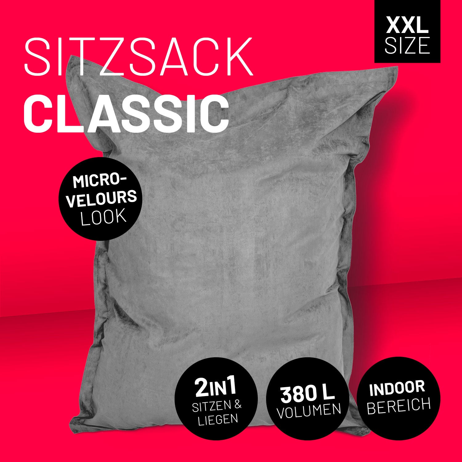 XXL Microvelours Sitzsack (380 L) - indoor - Grau