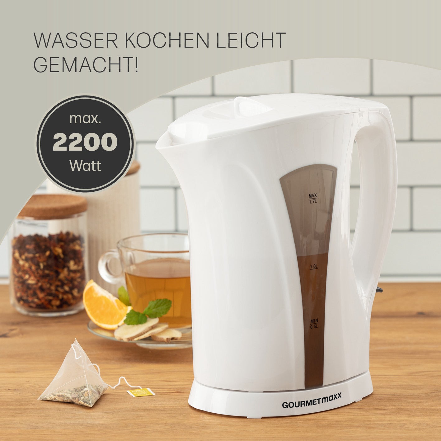 Wasserkocher mit Kalkfilter - 1,7l - weiß/grau
