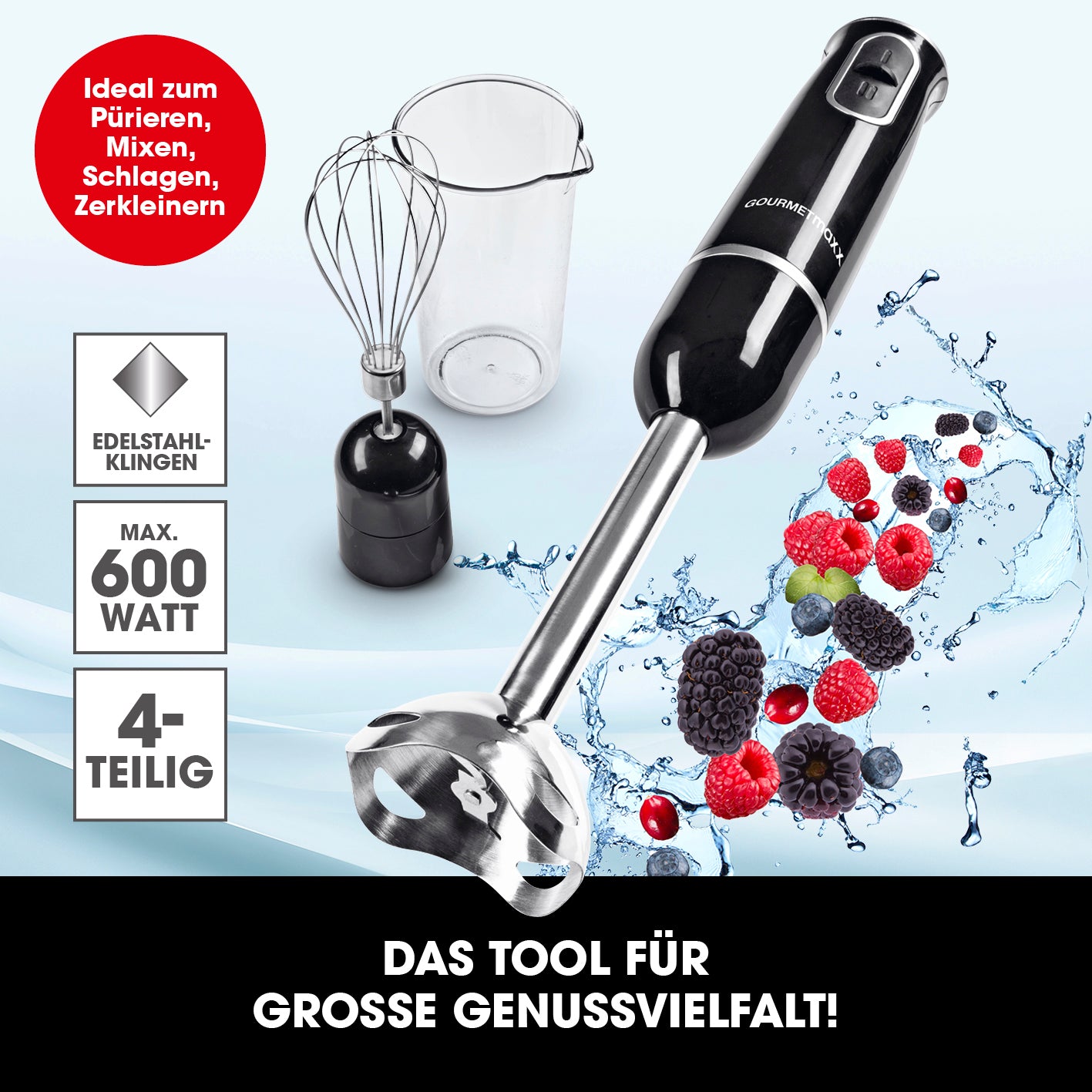 Stabmixer inkl. Rühraufsatz und Messbecher - schwarz/chrom