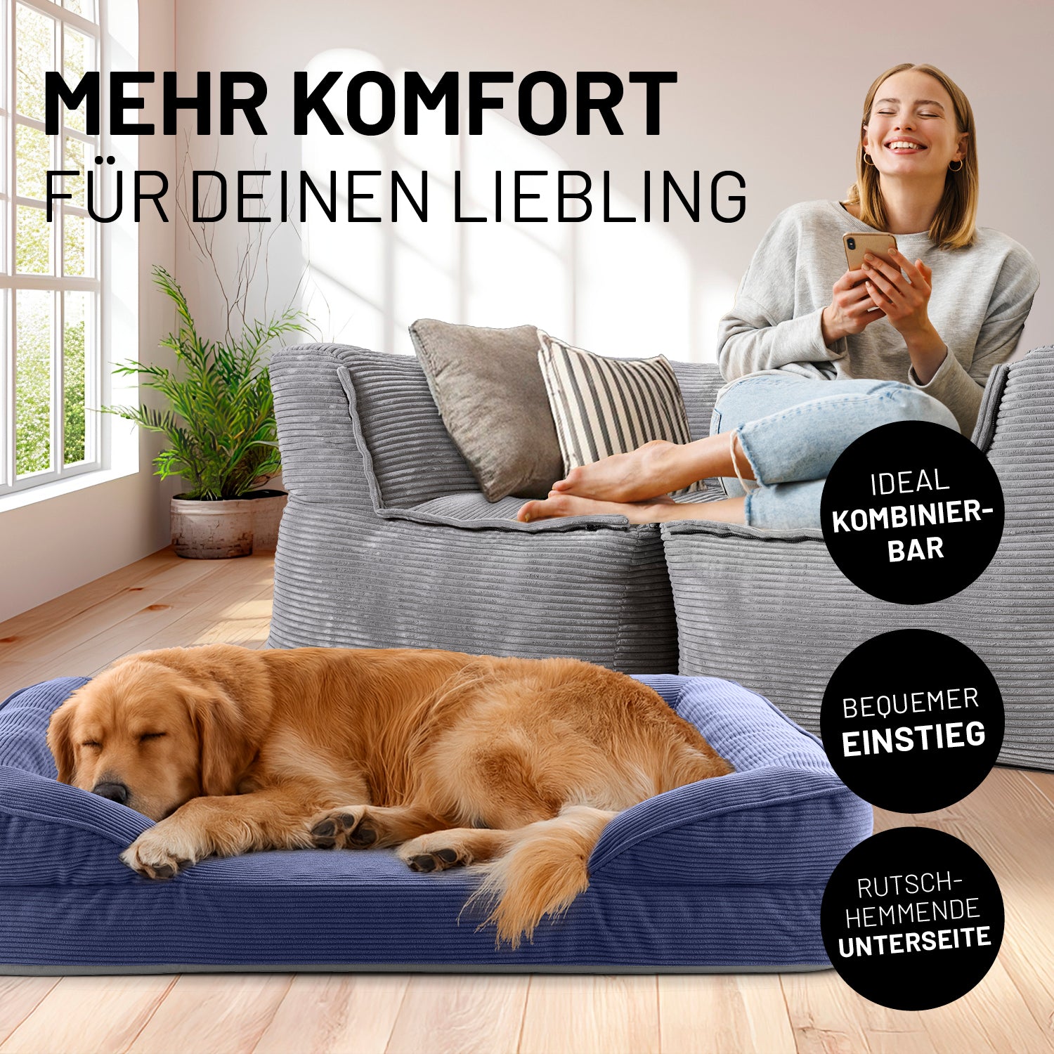 Komfort-Hundebett aus der LUMALAND Cord-Reihe - Gr. L - 110 x 75 cm - Grau