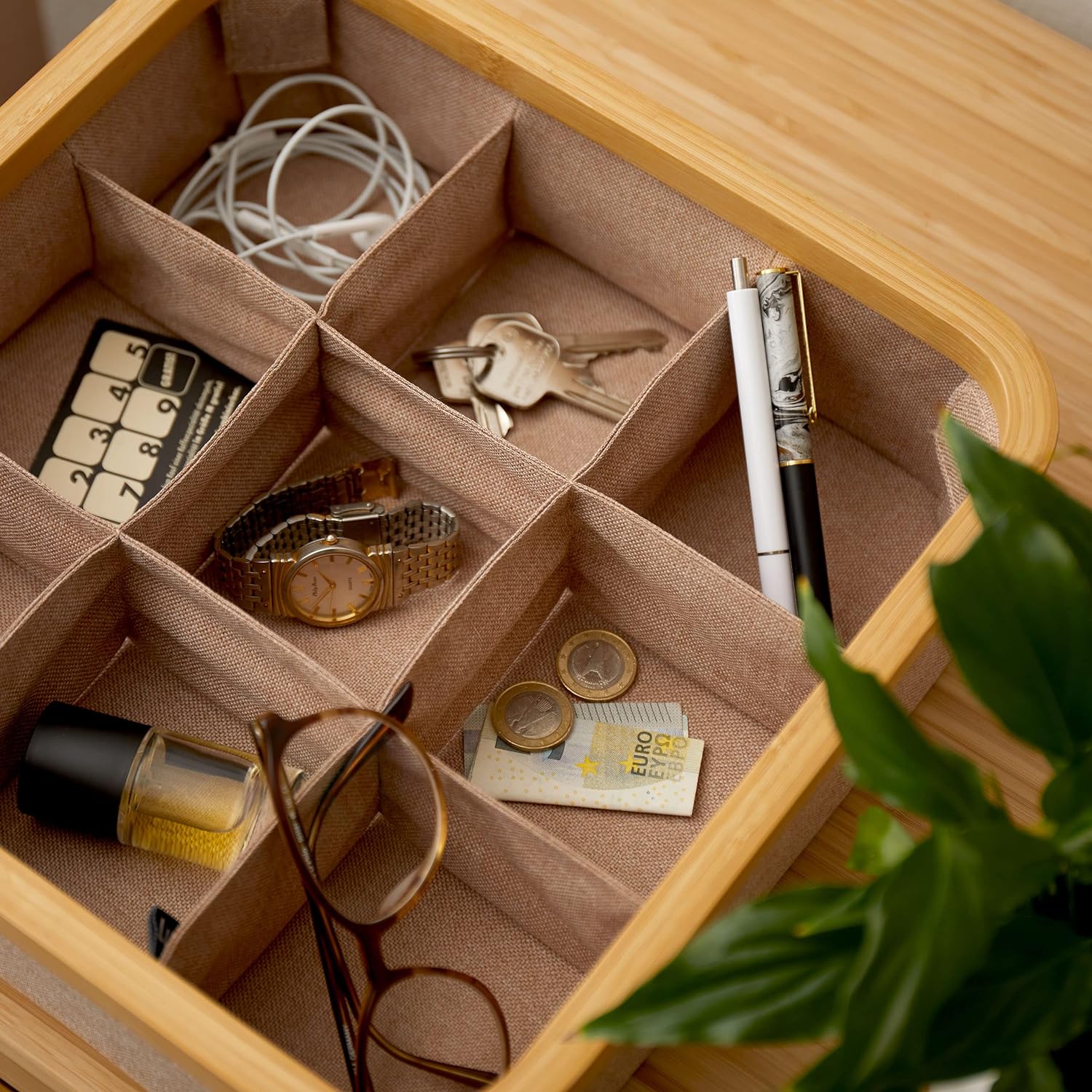 Organizer mit Bambus-Rahmen - 3er-Set - 30 x 30 x 9 cm (3/4/9 Aufteilung) - Taupe