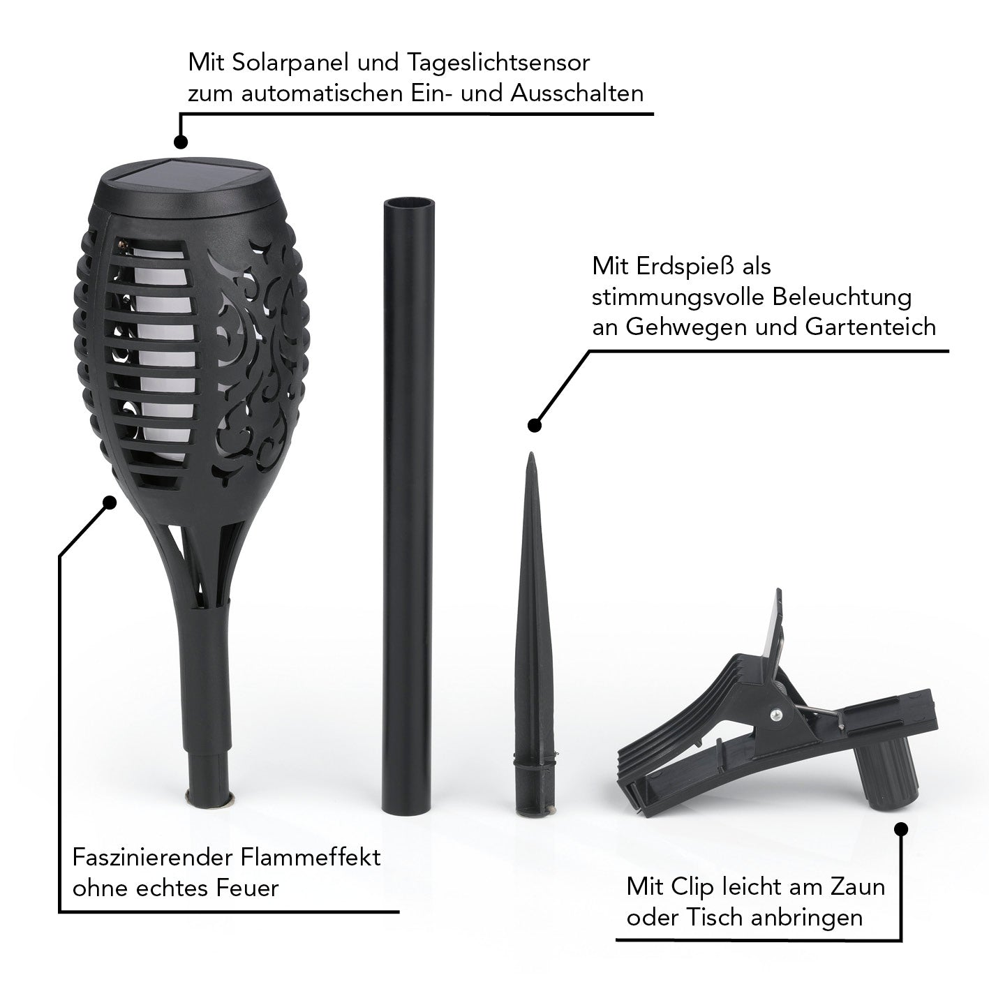 Solar-Fackel LED mit Erdspieß und Clip - 2er-Set