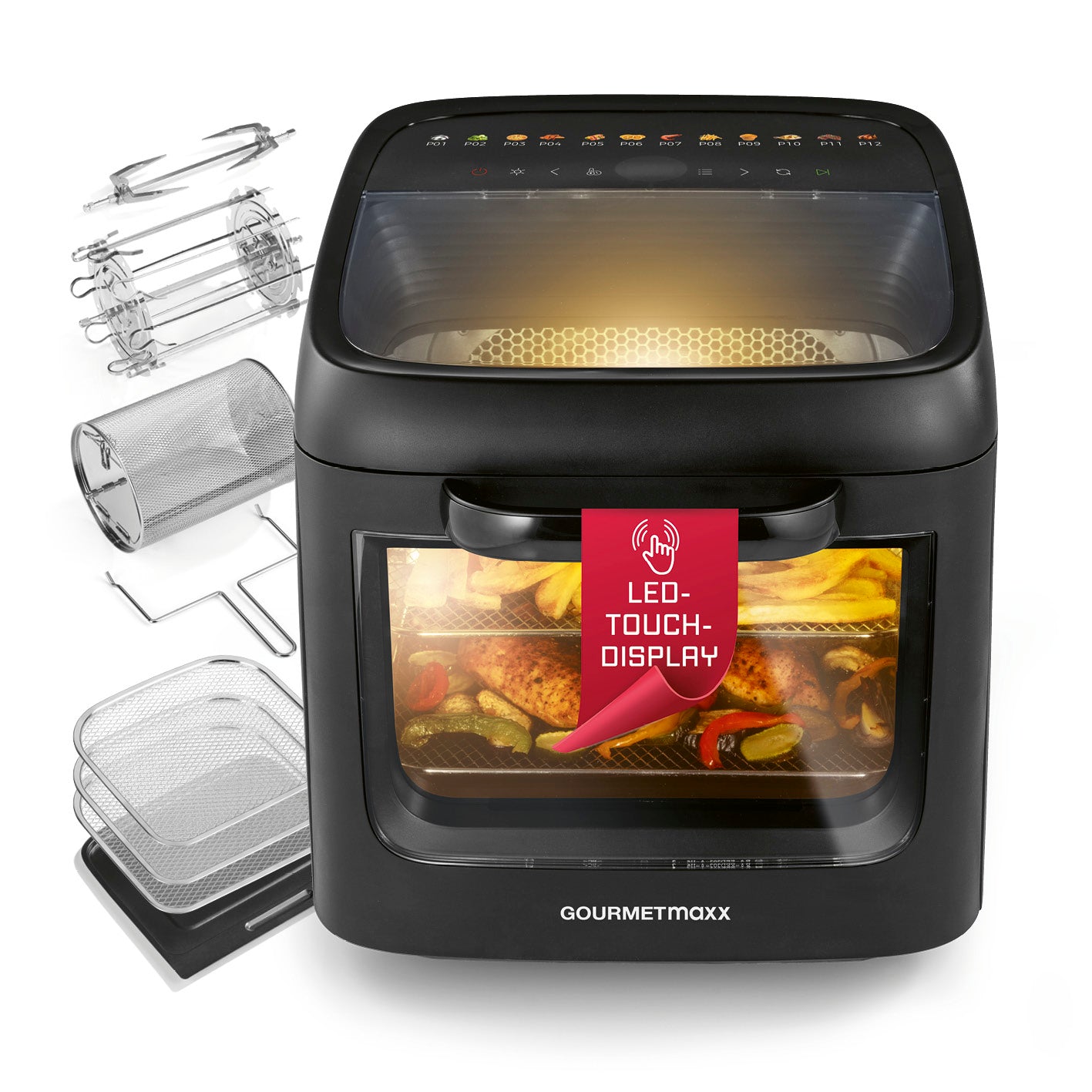 Heißluftofen mit Panoramadach und Frontfenster - 12,5 l, kompakter Ofen mit XXL-Garraum und LED-Touch-Display von GOURMETmaxx.
