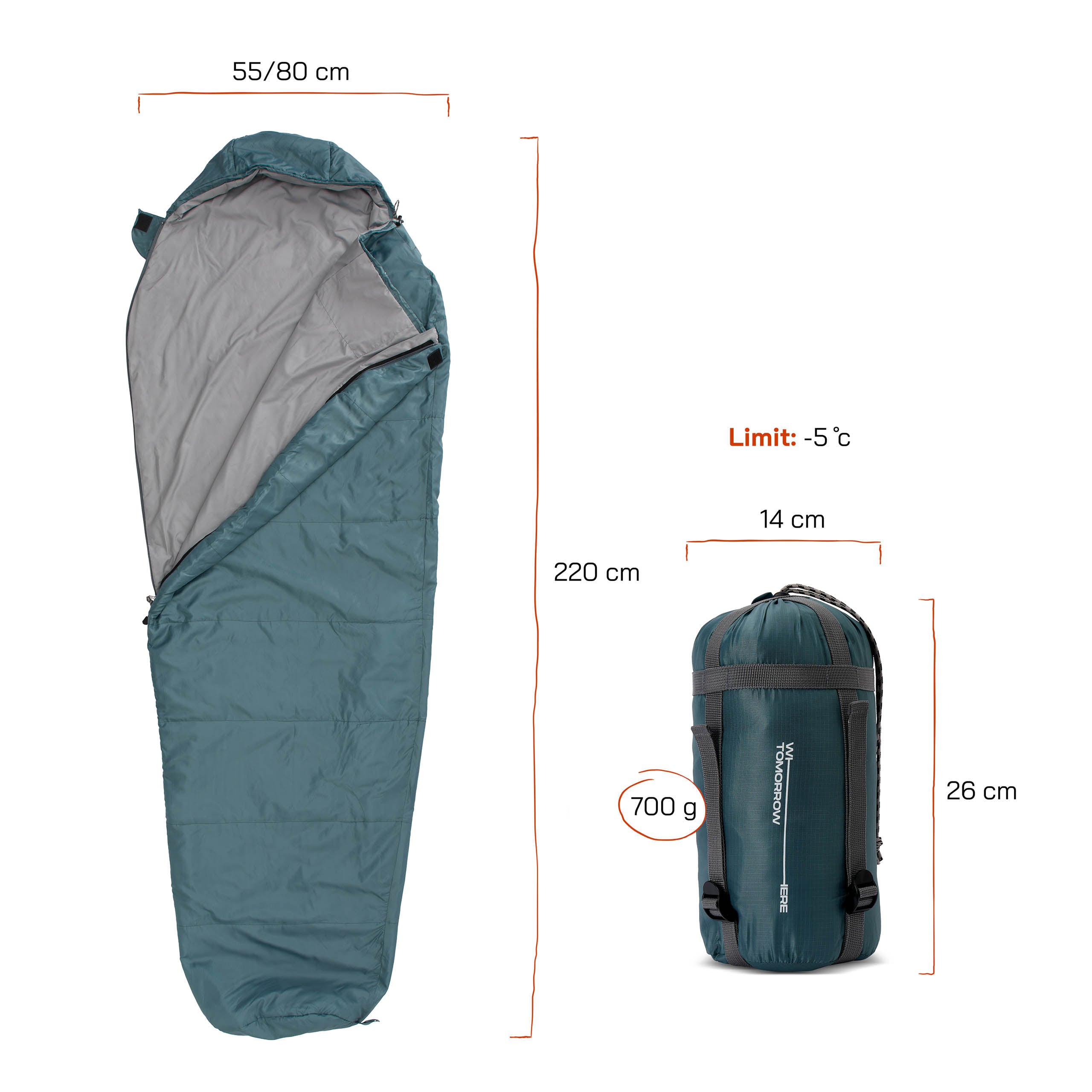 Camping Schlafsack Small & Light - Mumienschlafsack mit Tasche - 220 x 80 x 50 cm - Goblinblau