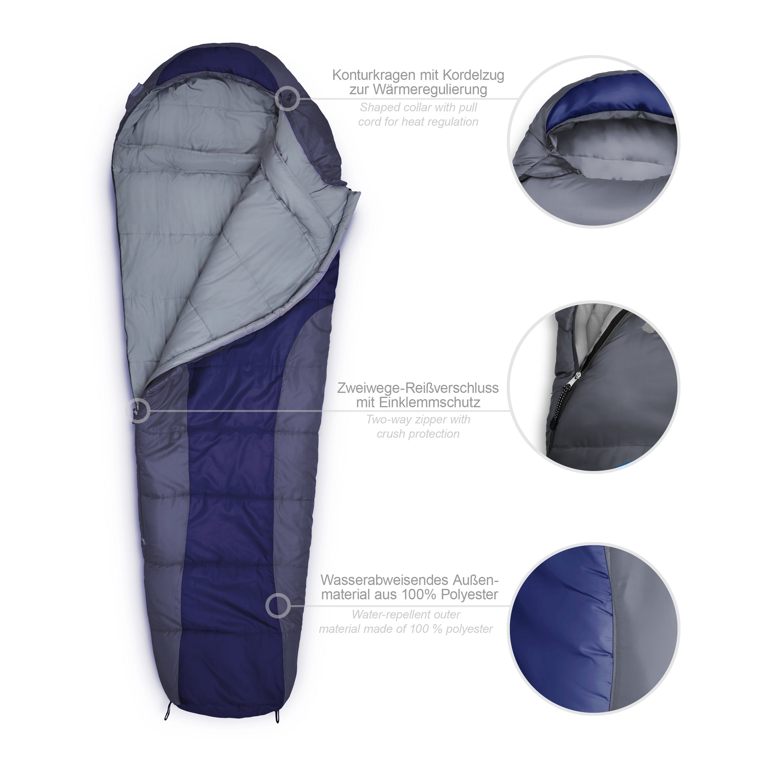 Camping Schlafsack Classic - Mumienschlafsack mit Tasche - 230 x 80 x 55 cm - Dunkelblau