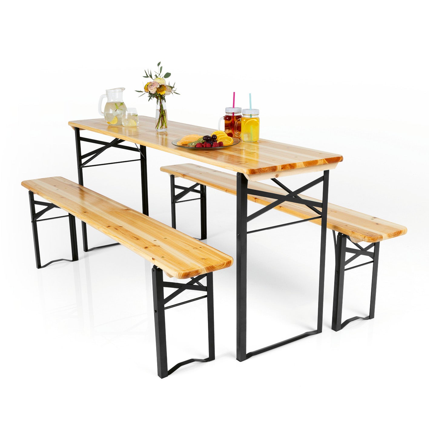 Bierzeltgarnitur Set (1 Tisch mit 2 Sitzbänken) - 170 cm - holzfarben/schwarz