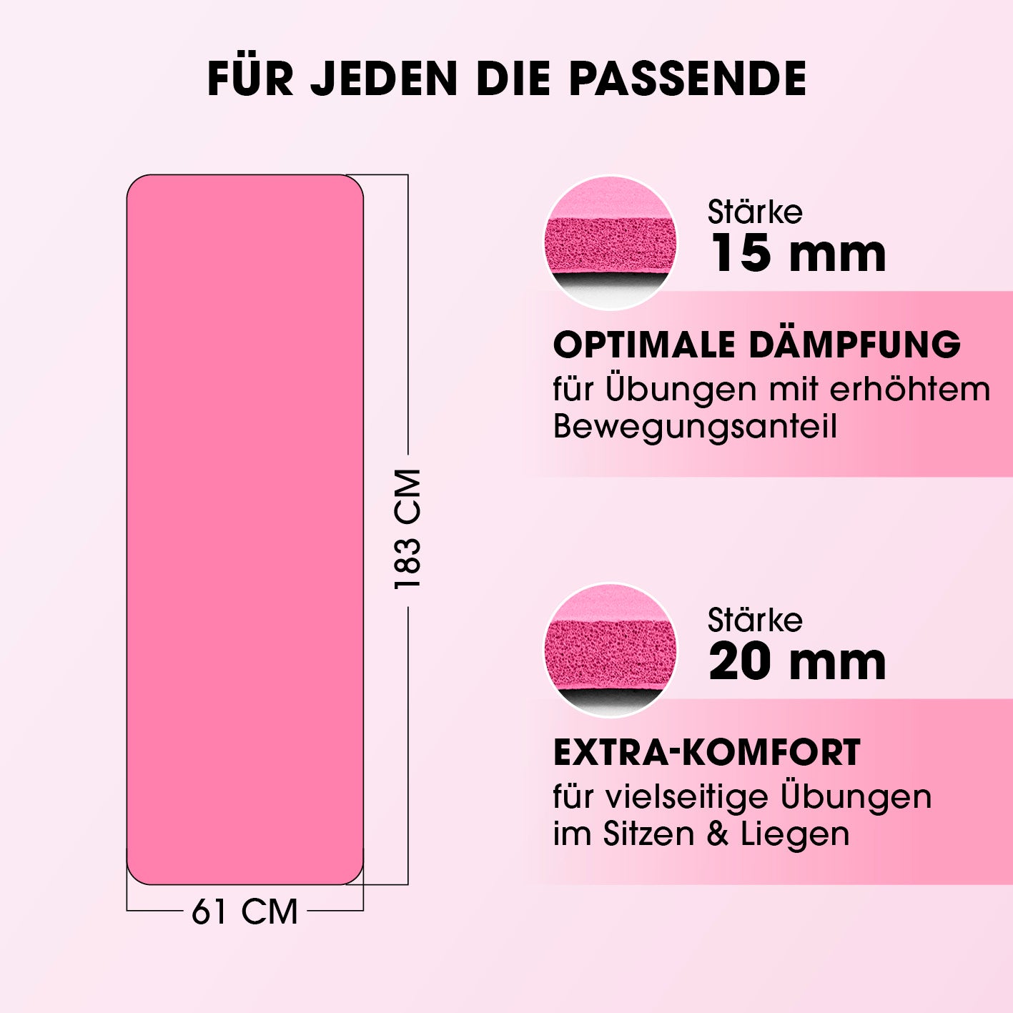 Fitness- und Gymnastikmatte - 183 x 61 x 2 cm - Pink mit optimaler Dämpfung und extra Komfort für vielseitige Übungen.