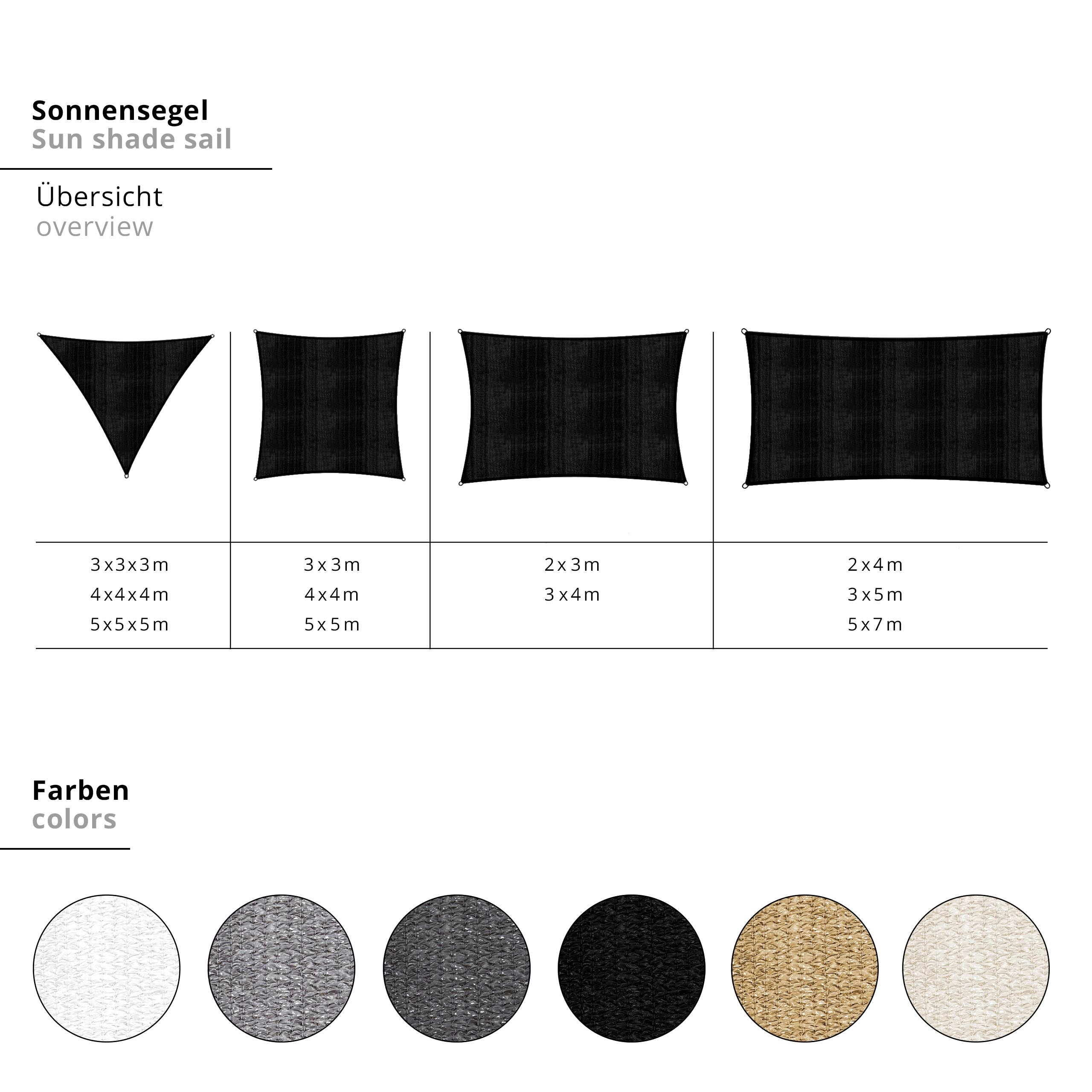 Sonnensegel 100% HDPE mit Stabilisator für UV-Schutz - Rechteck 5 x 6 Meter - Schwarz
