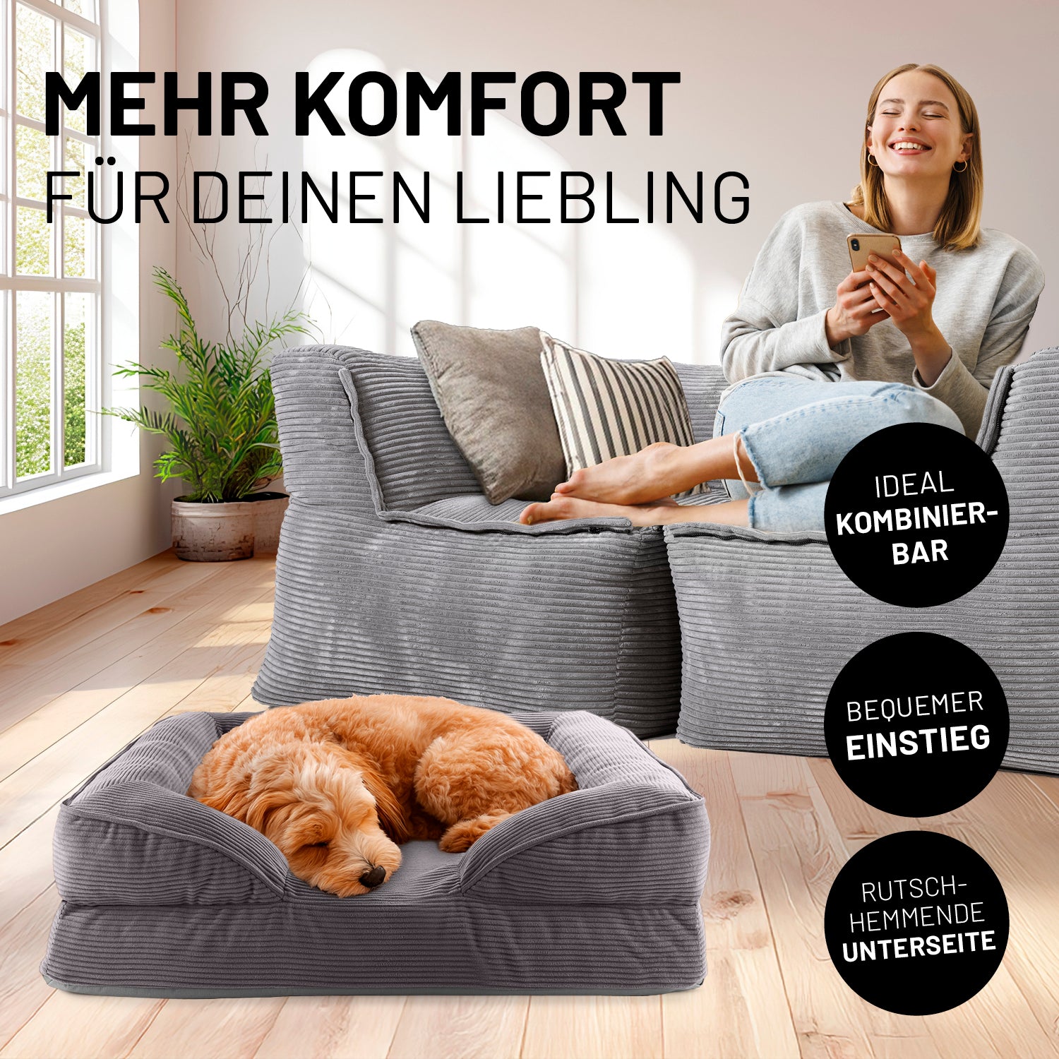 Komfort-Hundebett aus der LUMALAND Cord-Reihe - Gr. S - 70 x 60 cm - Grau