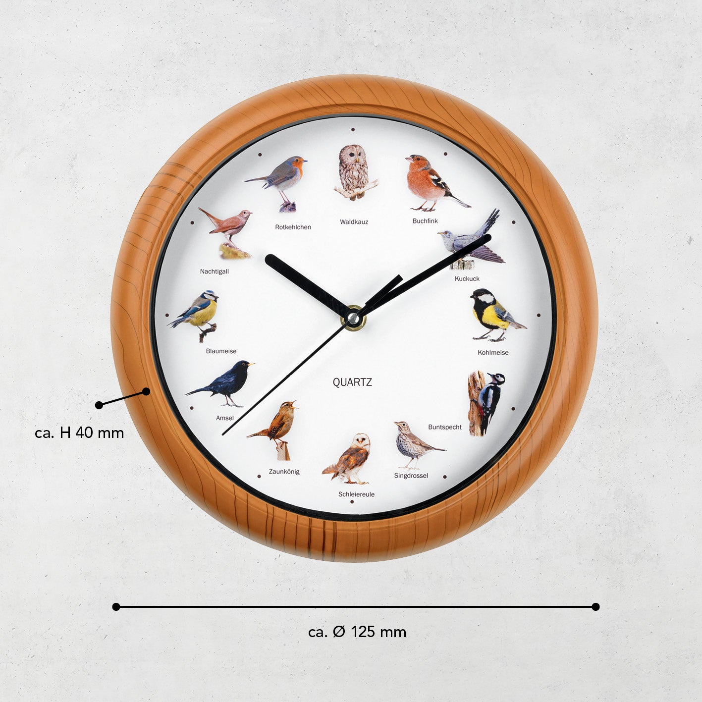 Wanduhr mit Vogelstimmen - 12 Singvogelstimmen - 25 cm