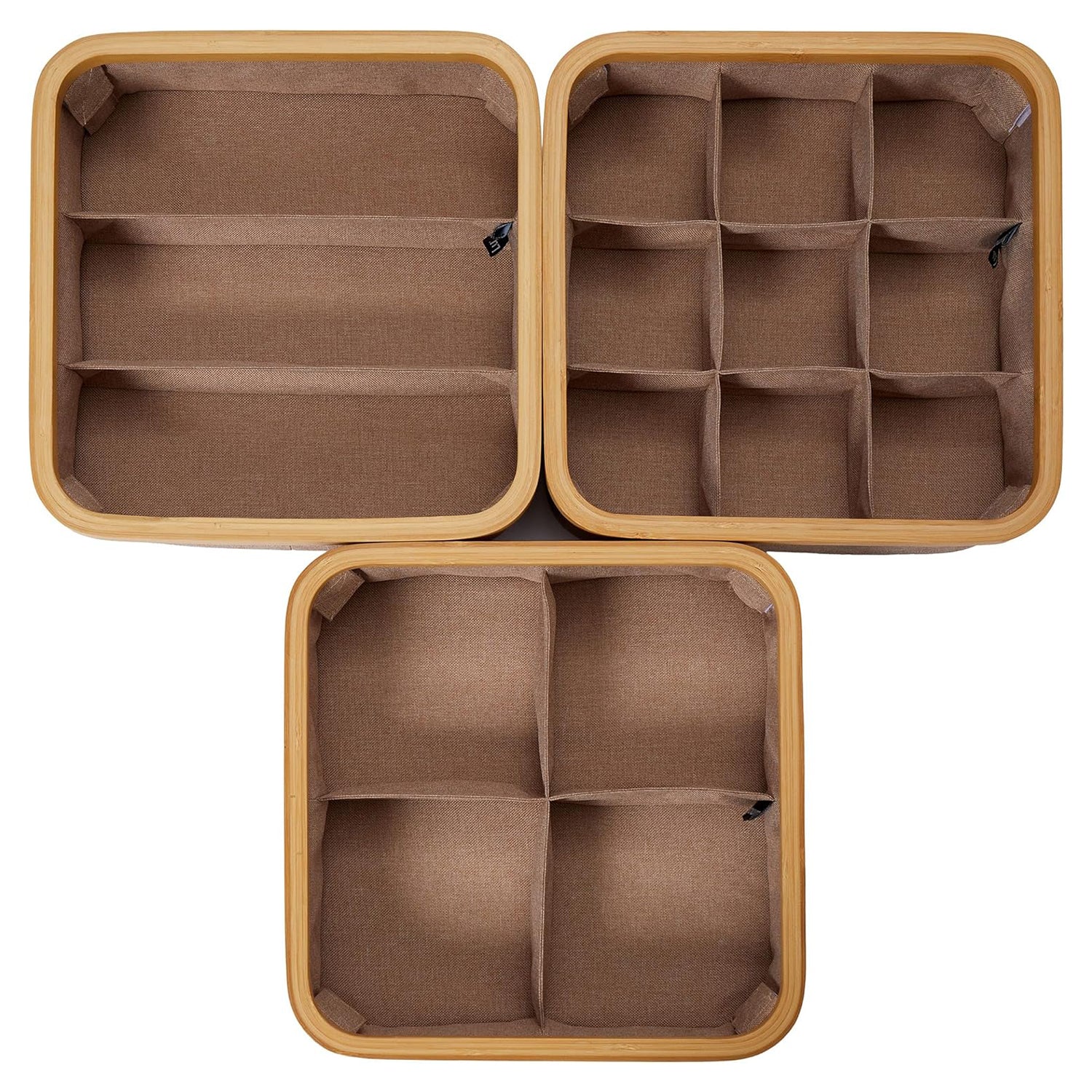 Organizer mit Bambus-Rahmen - 3er-Set - 30 x 30 x 9 cm (3/4/9 Aufteilung) - Taupe