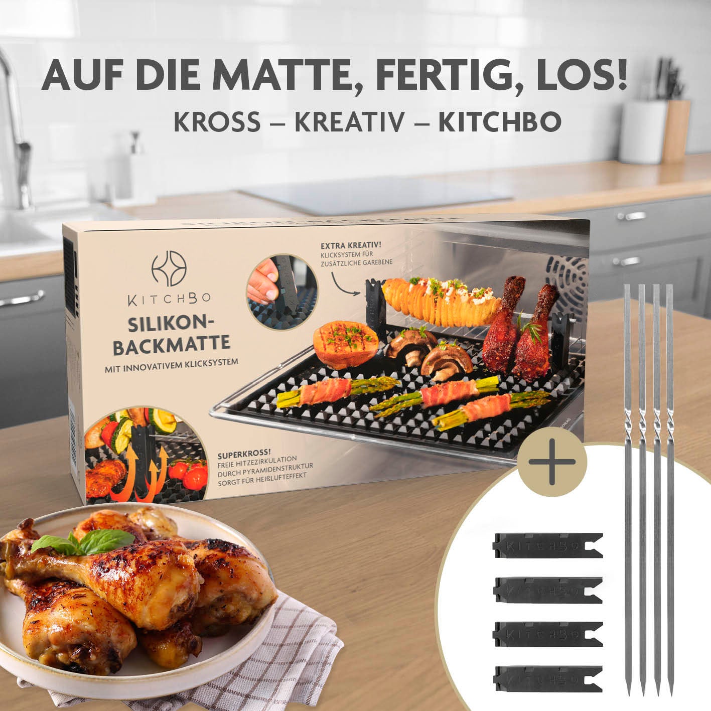 Starter Set Deluxe - Silikon-Backmatte inkl. 6 Spieße + 8 Steine + 1 Schwamm