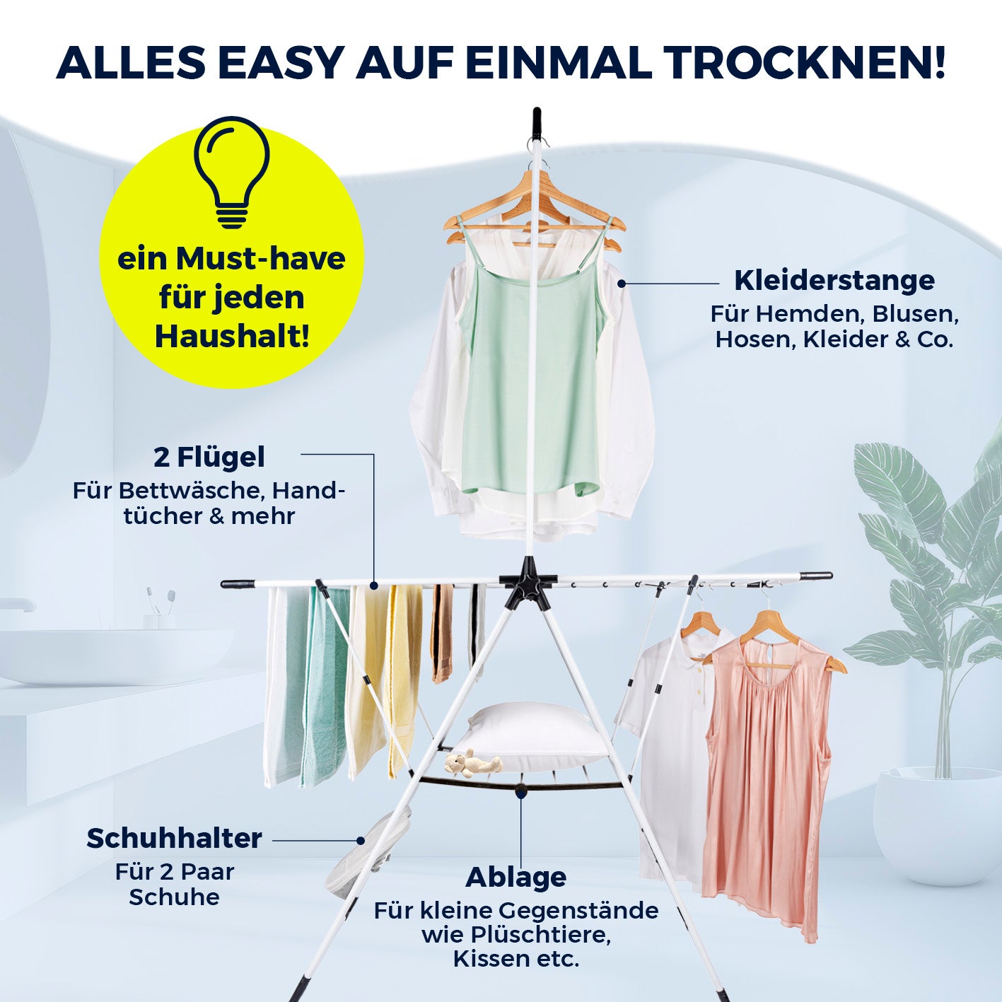 Falt-Wäscheständer 1800 mit Kleiderstange, Schuhhalter, Ablage und 2 Flügeln zum platzsparenden Trocknen von Wäsche.