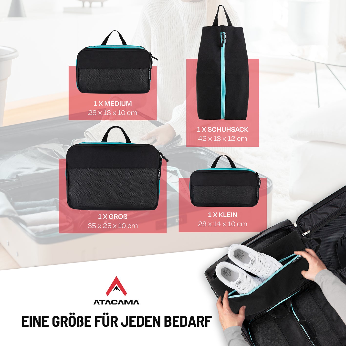 Kompressions-Packwürfel-Set / 4er-Set - Schwarz-Türkis