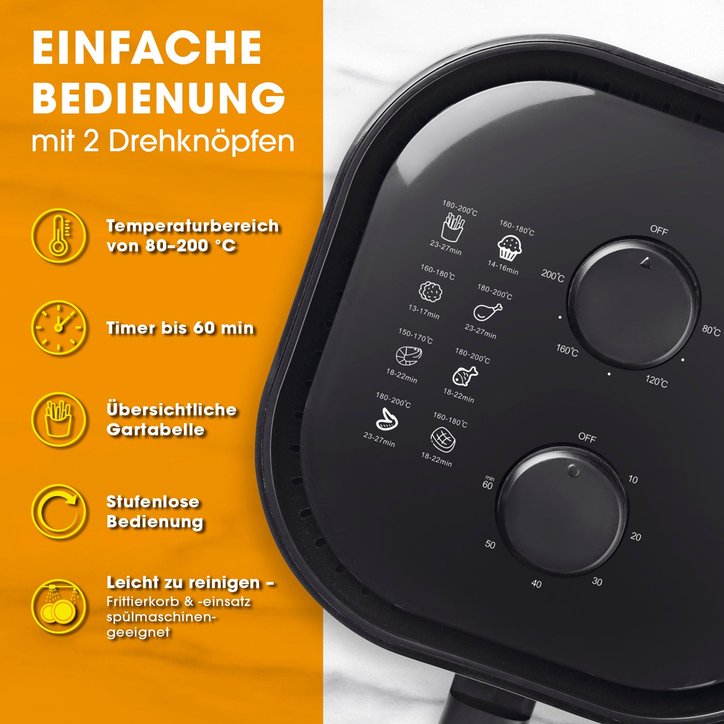 Heißluft-Fritteuse Mechanisch 3,6l - Schwarz mit 2 Drehknöpfen, Timer bis 60 min und Temperaturbereich 80-200 °C.