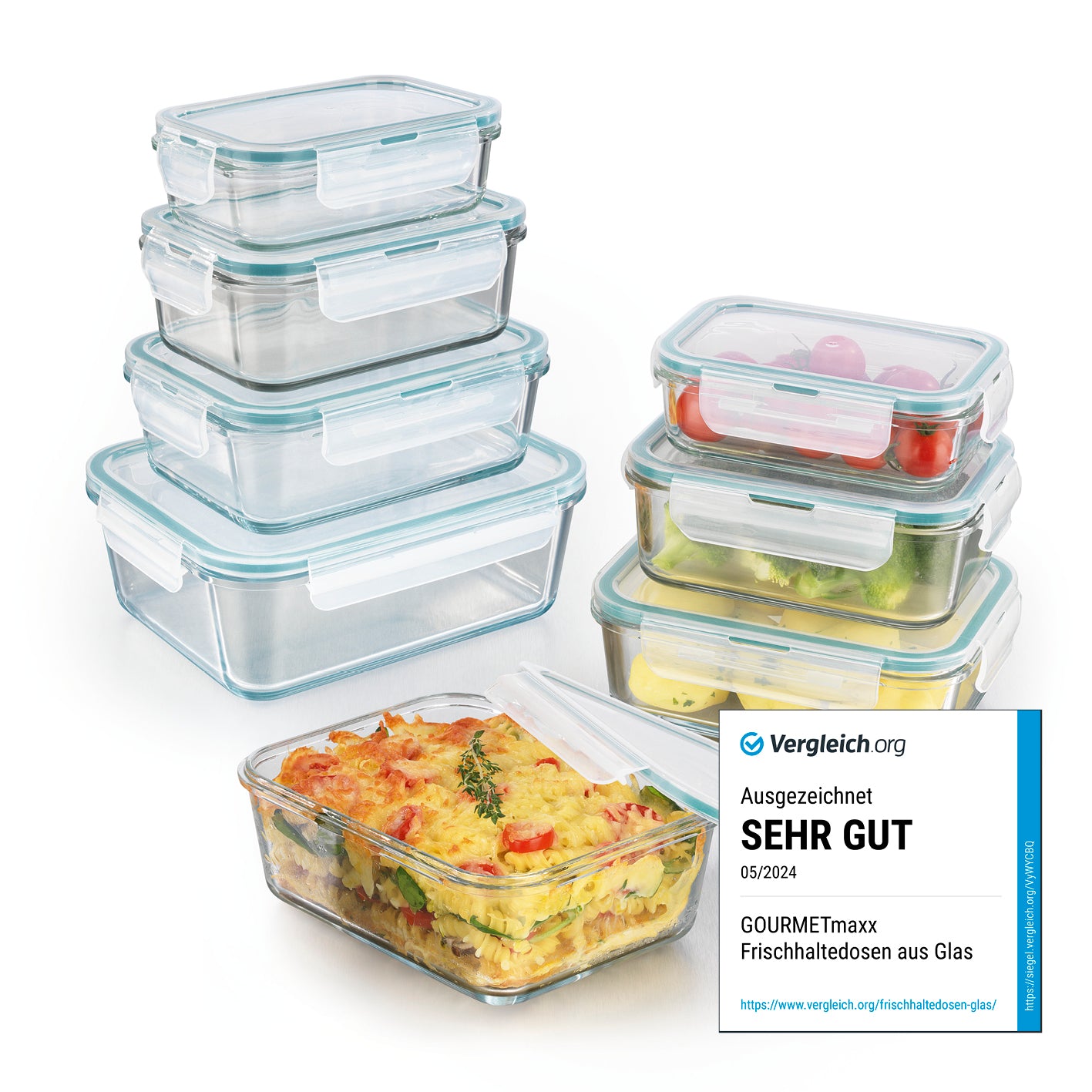 GOURMETmaxx Glas-Frischhaltedosen Klick-it - 16-tlg. - transparent/smaragd