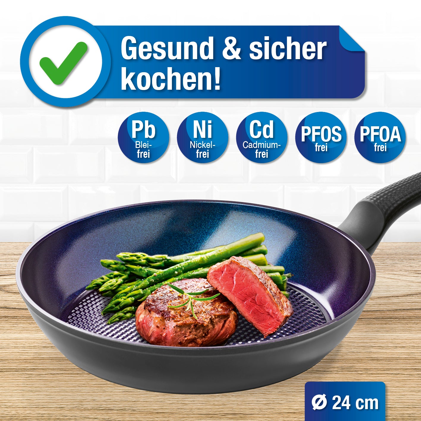 Aluminium-Bratpfanne Ø 24 cm mit antihaftbeschichtetem noppenförmigem Boden, Soft-Touch-Griff und blauer Diamant-Pulverbeschichtung.