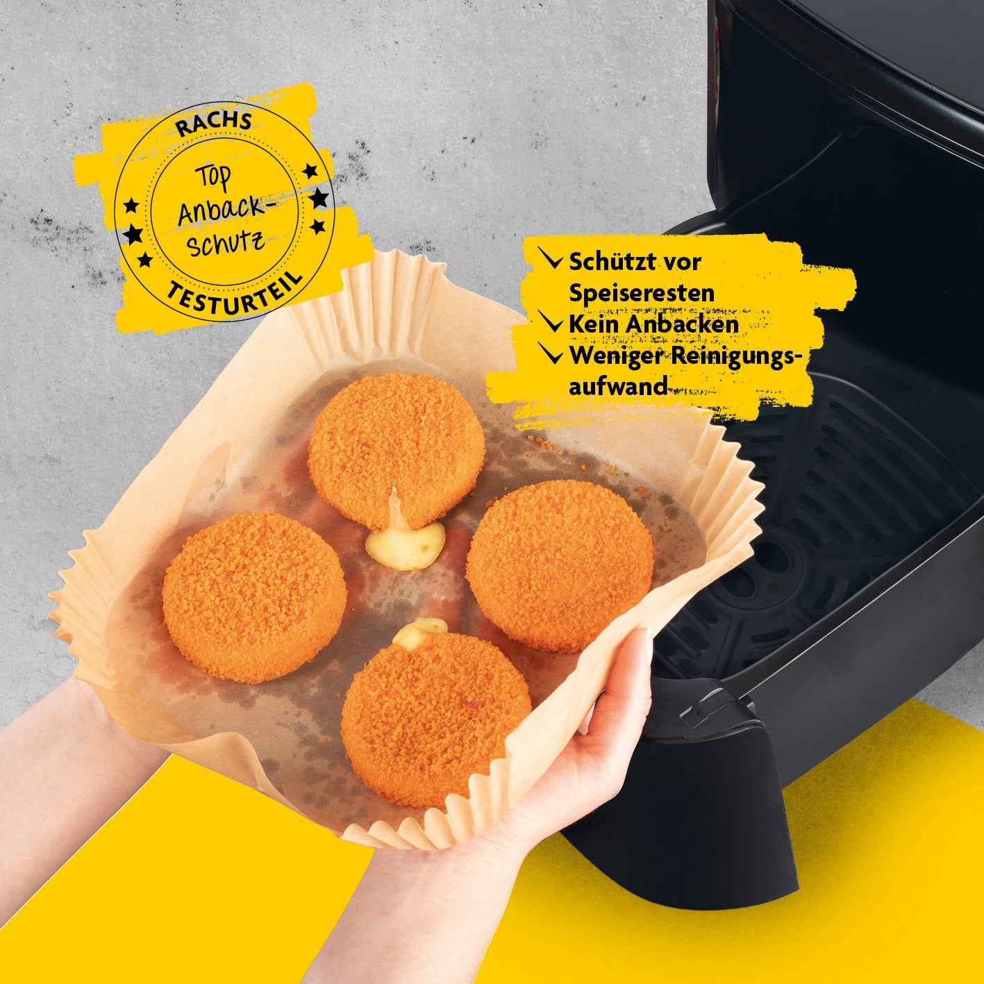Backpapierschalen für Heißluftfritteusen (2–5 l) mit 2 Rezeptideen - 50 Stück à 16 x 16 x 4,5 cm