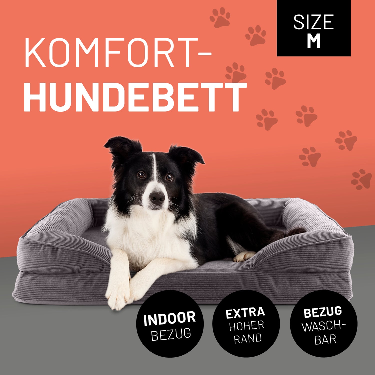 Komfort-Hundebett aus der LUMALAND Cord-Reihe - Gr. M - 90 x 65 cm - Grau