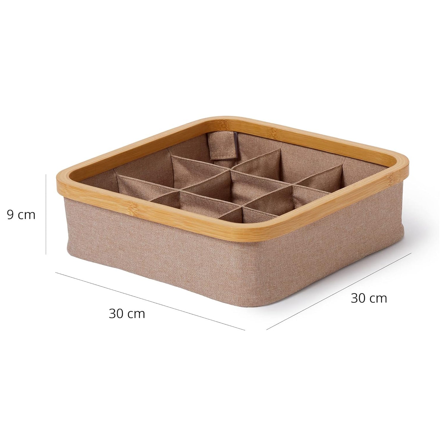 Organizer mit Bambus-Rahmen - 3er-Set - 30 x 30 x 9 cm (3/4/9 Aufteilung) - Taupe