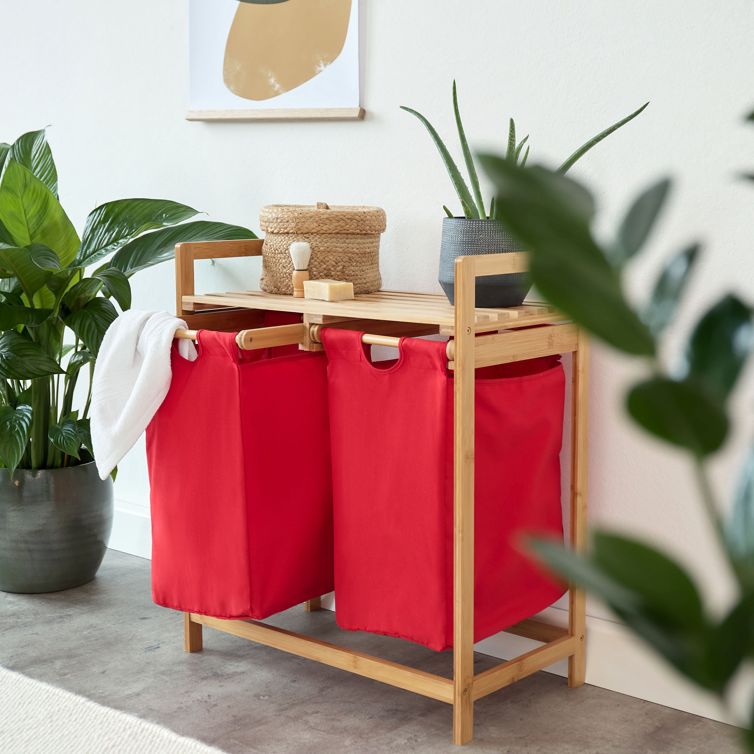 Bambus Wäschekorb mit 2 ausziehbaren Wäschesacken - 73 x 64 x 33 cm - Rot