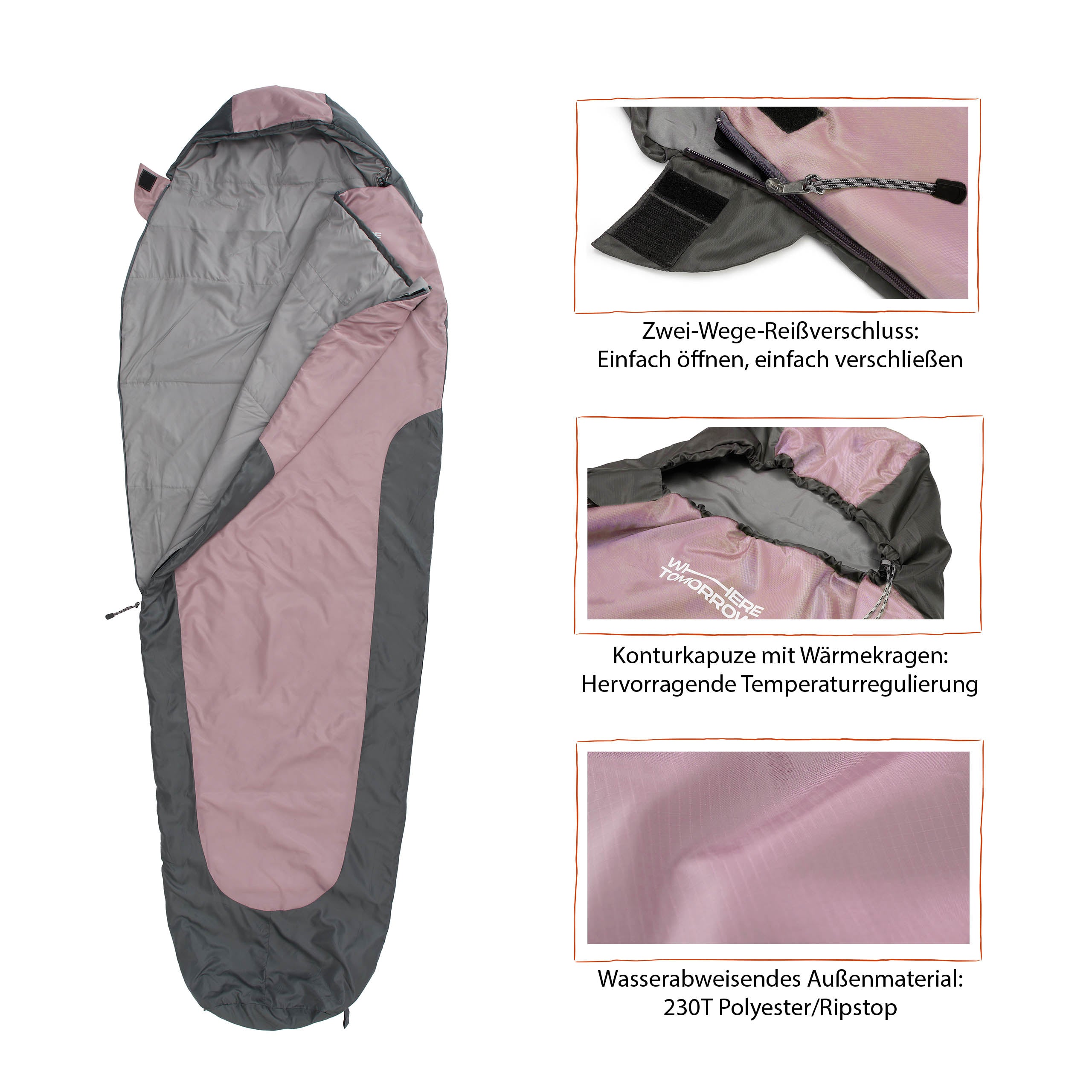 Camping Schlafsack Small & Light - Mumienschlafsack mit Tasche - 220 x 80 x 50 cm - Rose-Grau