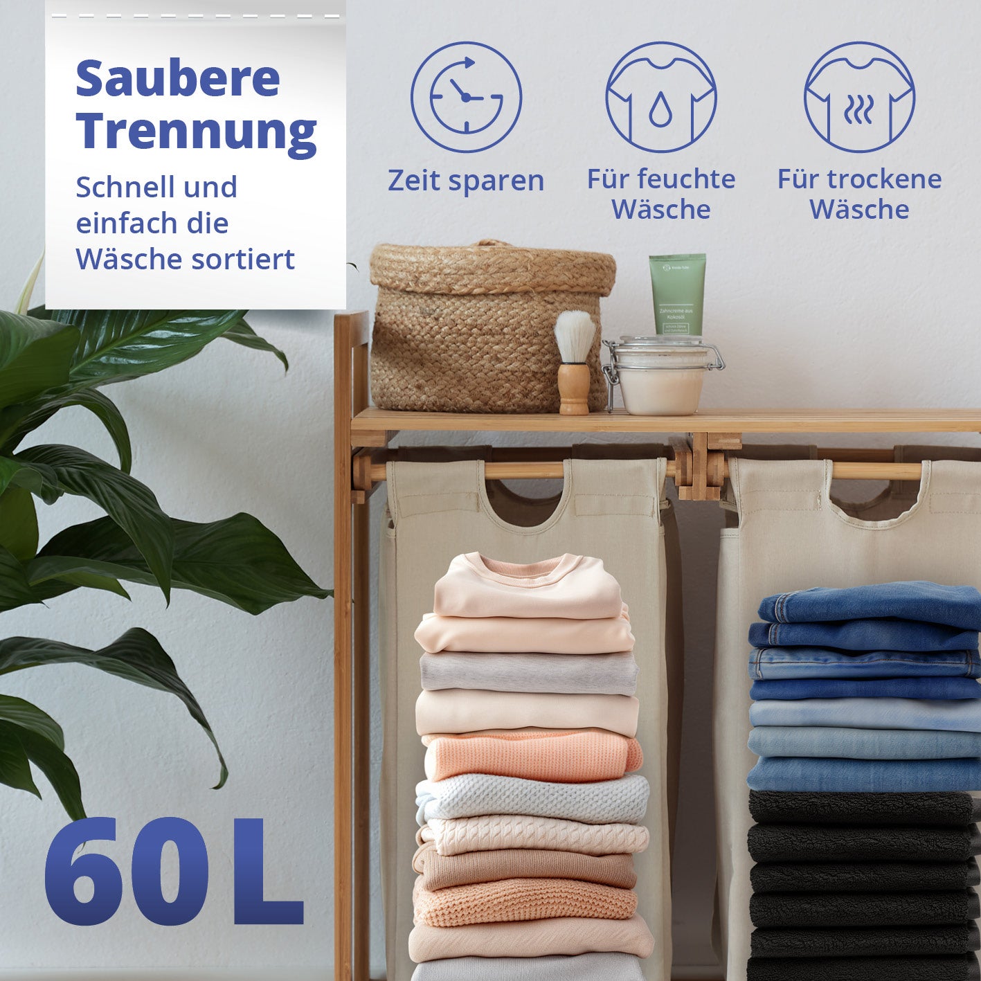 Bambus Wäschekorb mit 2 ausziehbaren Wäschesacken - 73 x 64 x 33 cm - Grau